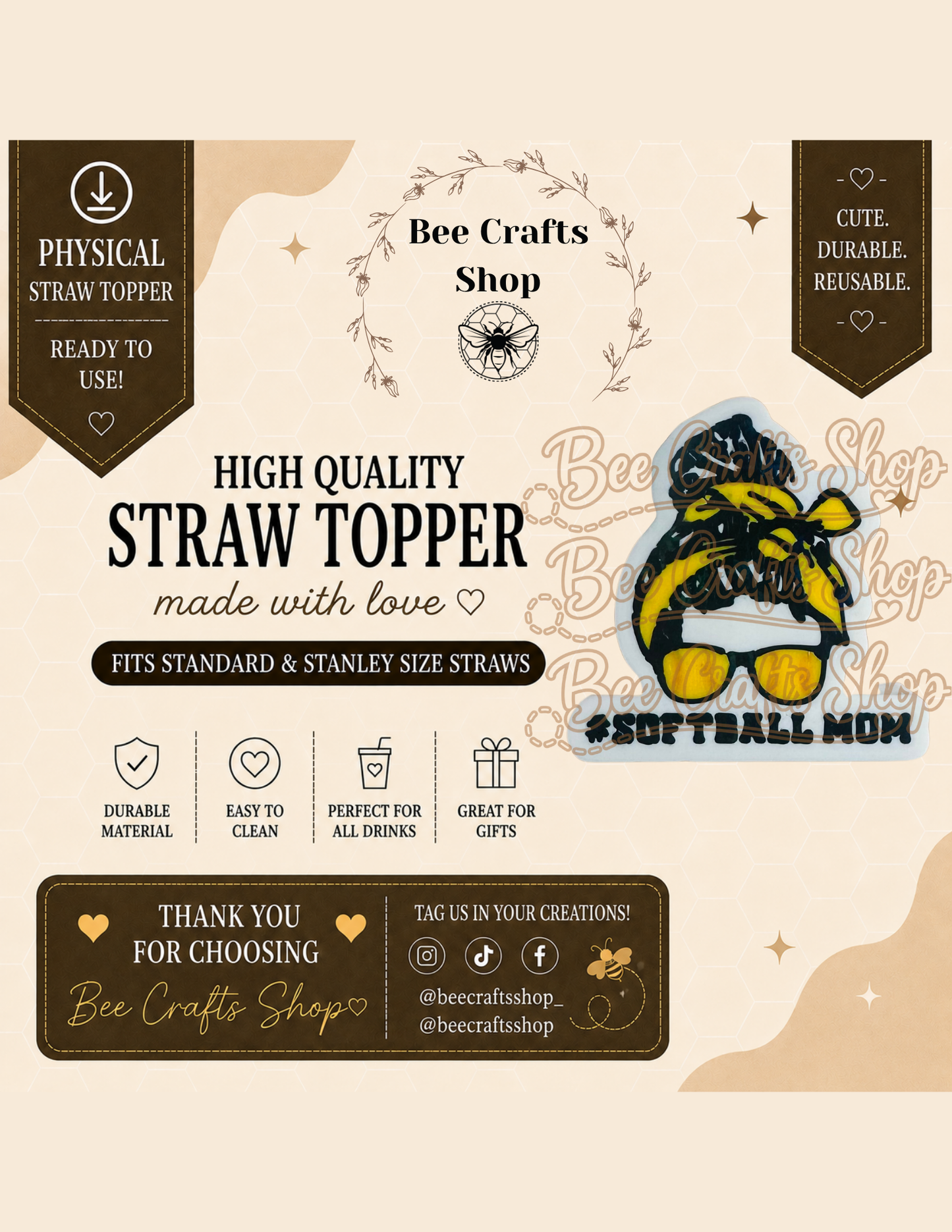 Holographic Softball Mom 3D Printed Straw Topper 8.5mm
