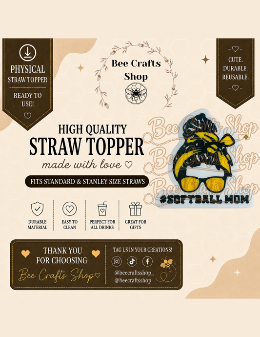 Holographic Softball Mom 3D Printed Straw Topper 8.5mm