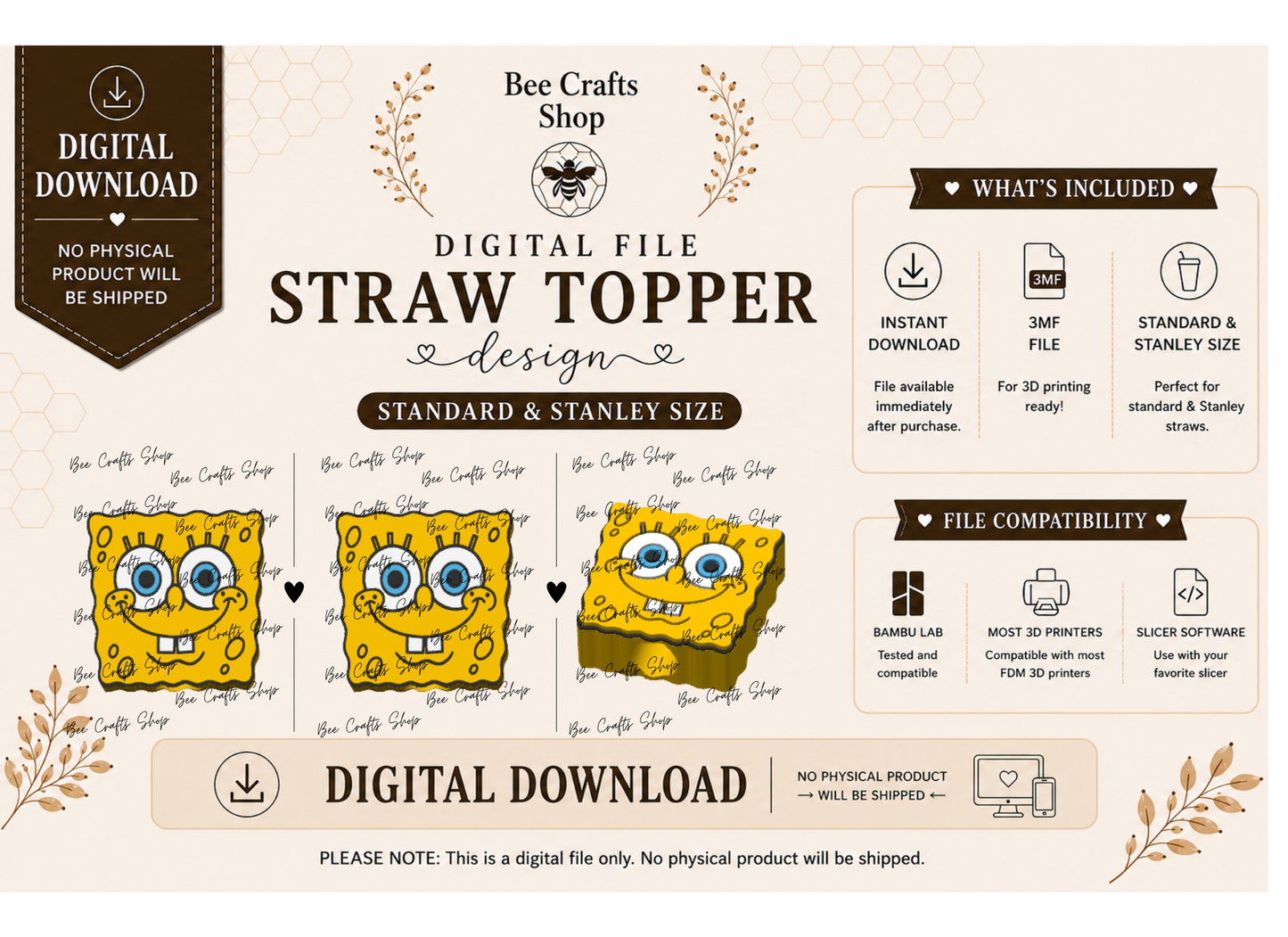 Bob Esponja Straw Topper Digital Design 3MF