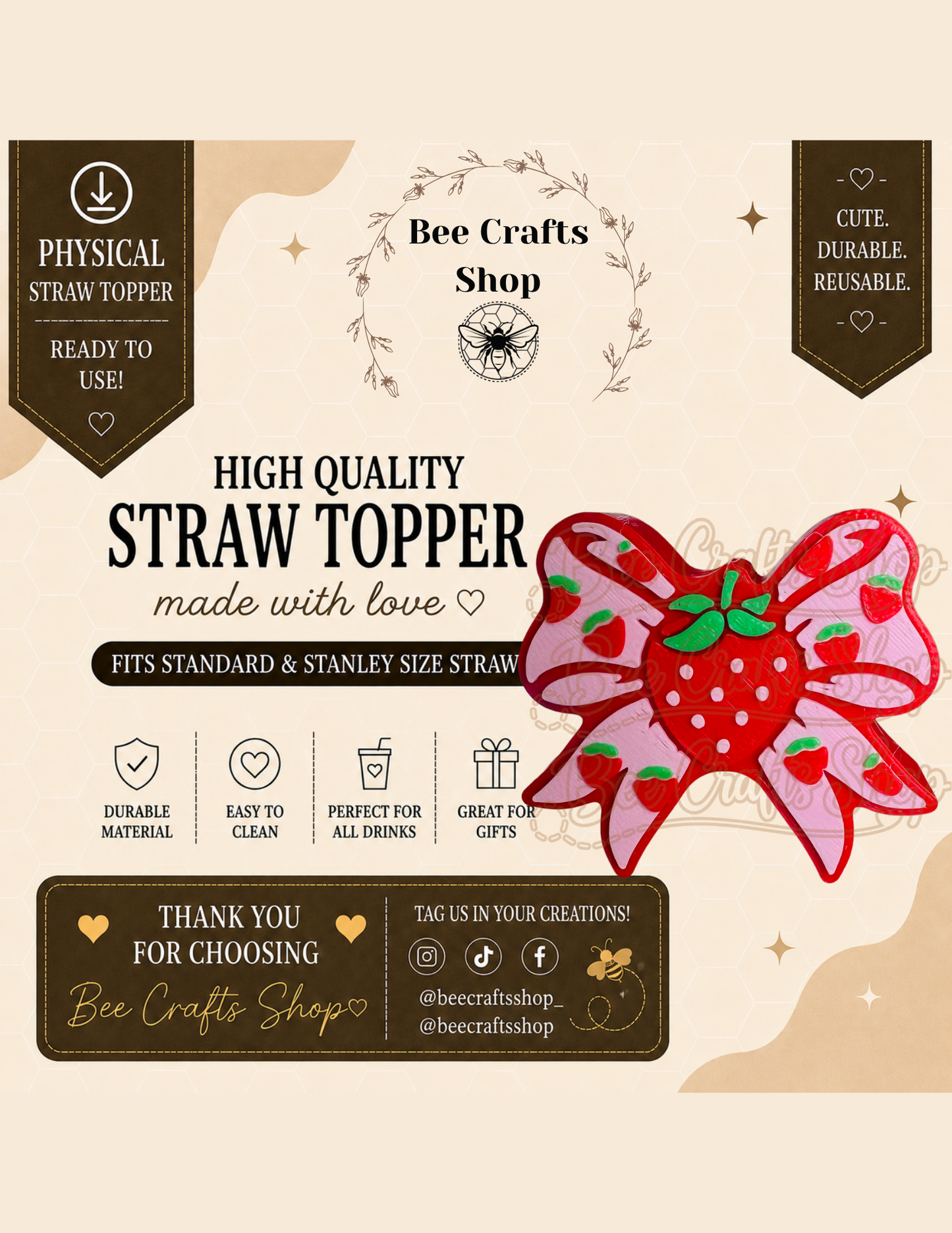 Strawberry Bow Print 3D Printed Straw Topper 8.5mm