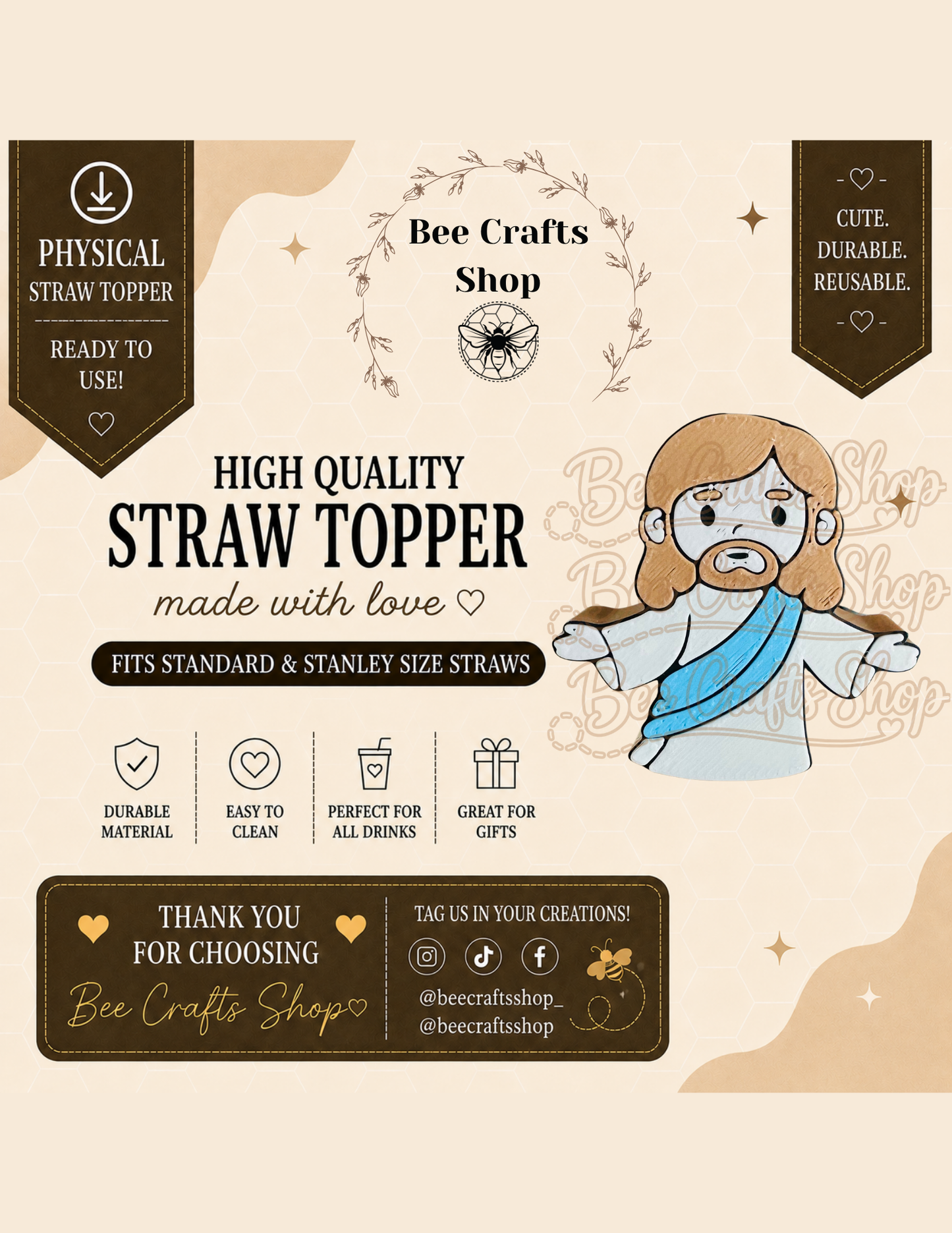 Jesucito 3D Printed Straw Topper 8.5mm