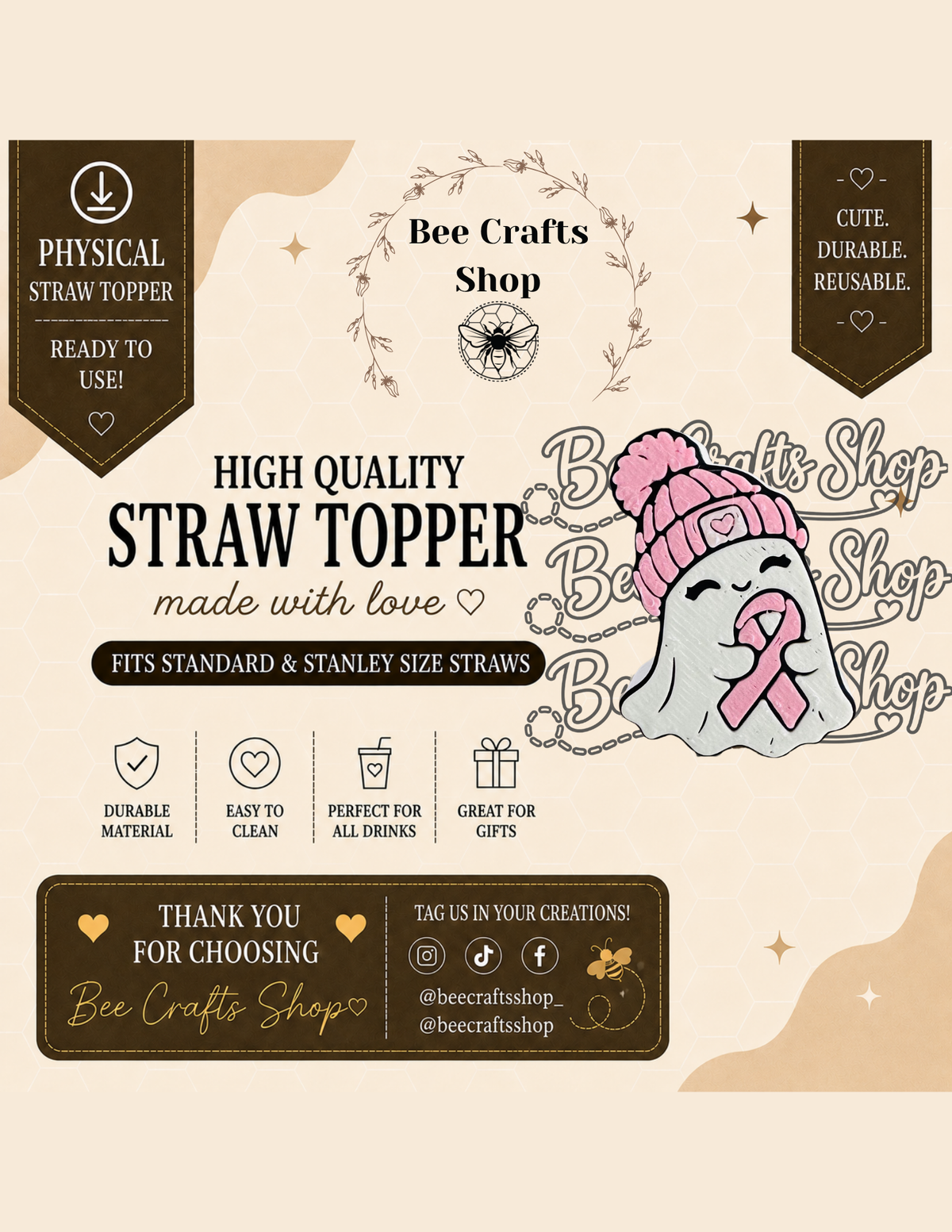 Breast Cancer Awareness 3D Printed Straw Toppers