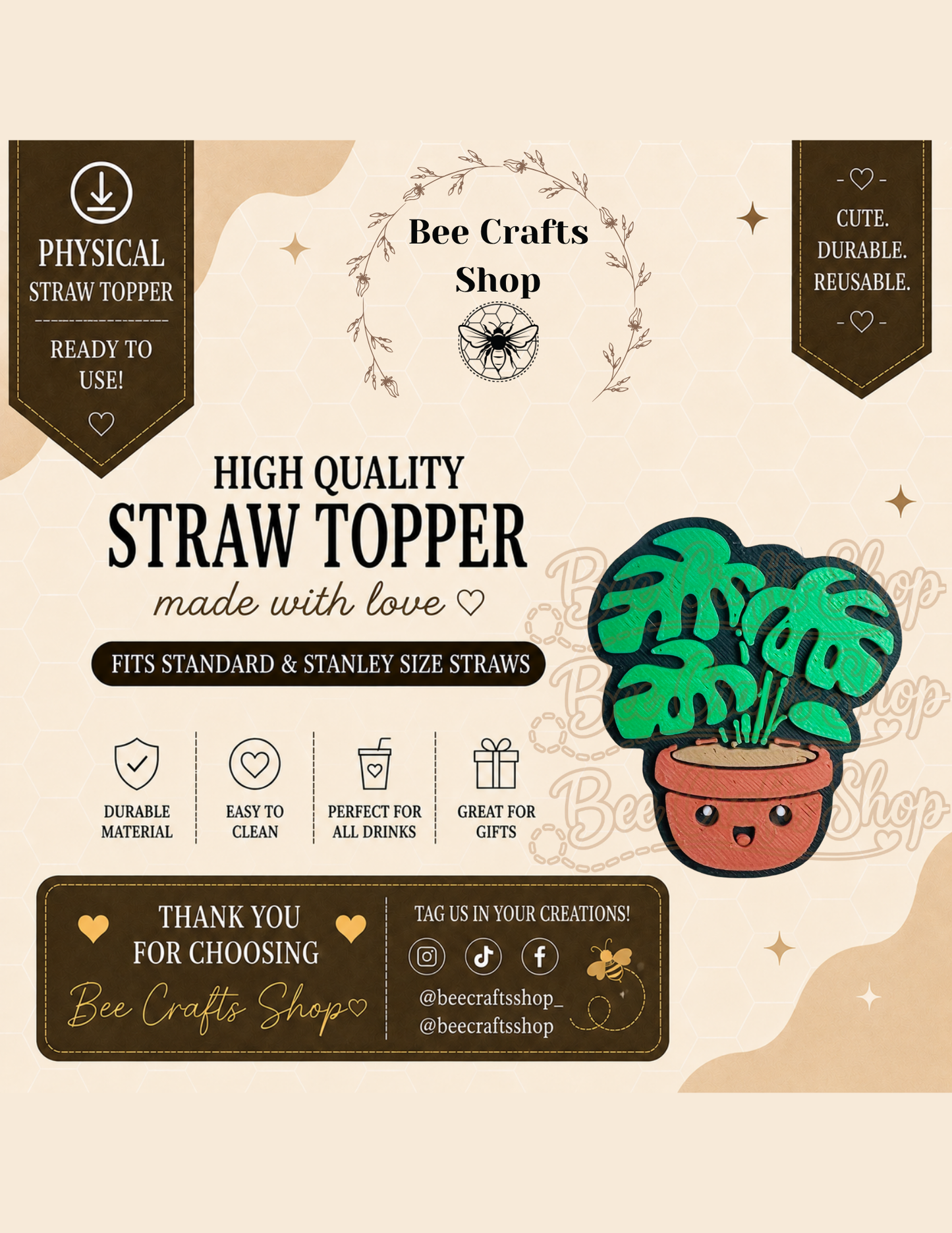 Monstera 3D Printed Straw Topper 8.5mm