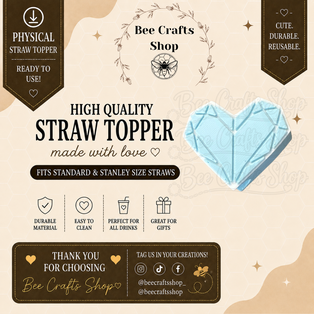 Frozen Heart Christmas 3D Printed Straw Topper 8.5mm