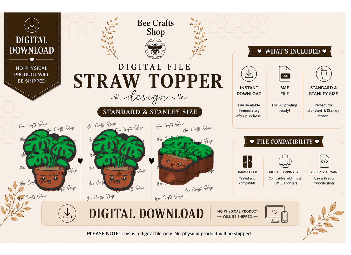 Monstera Straw Topper Digital Design 3MF