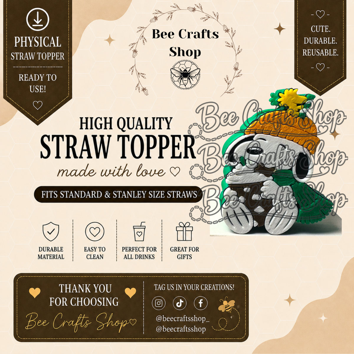 Penut Dog Christmas 3D Printed Straw Topper 8.5mm
