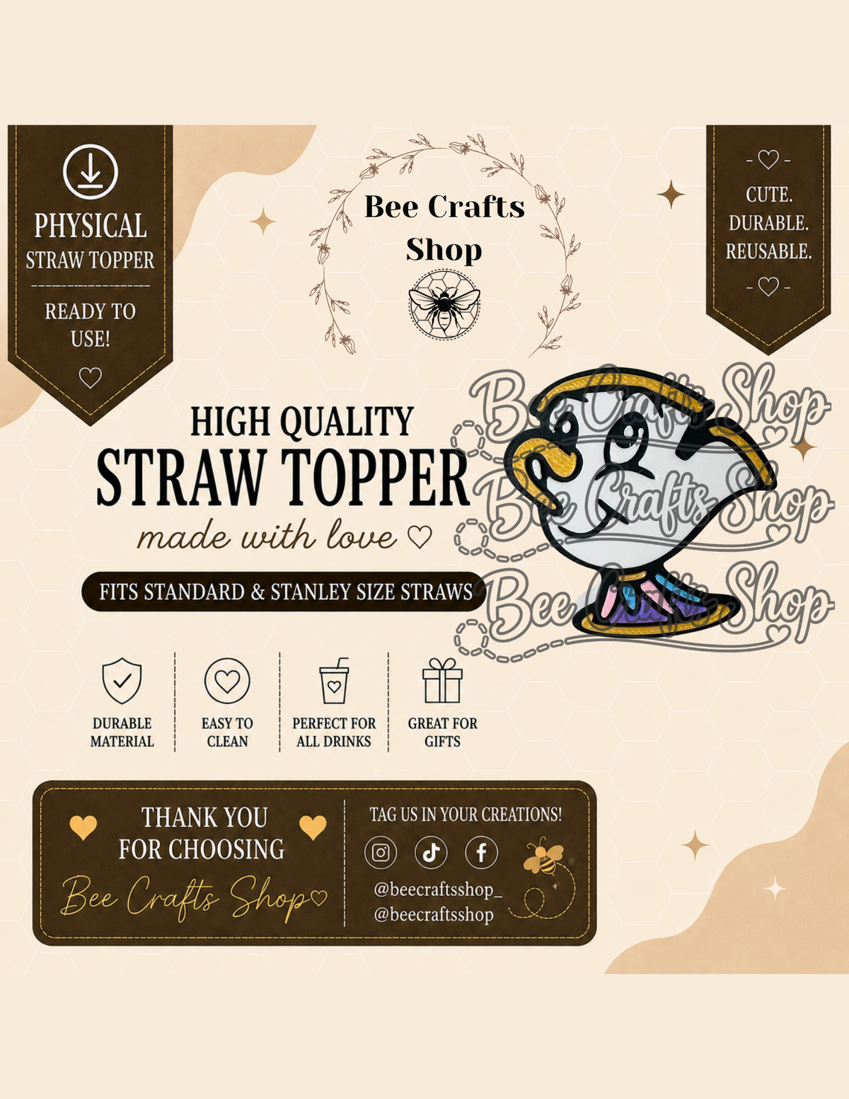 Tea Cup 3D Printed Straw Topper 8.5mm