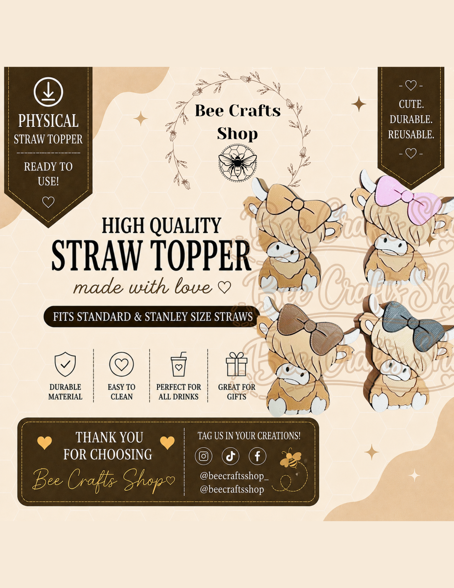 Highland Cow 3D Printed Straw Topper 8.5mm