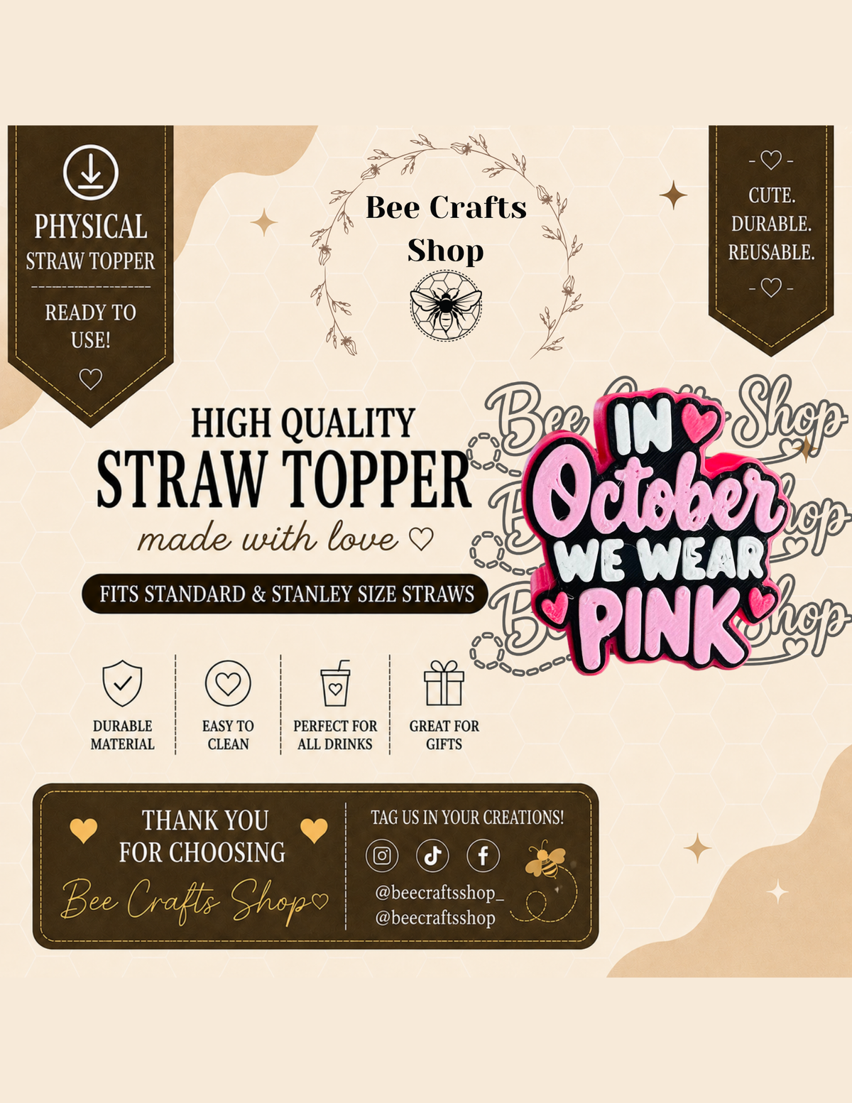 Breast Cancer Awareness 3D Printed Straw Toppers