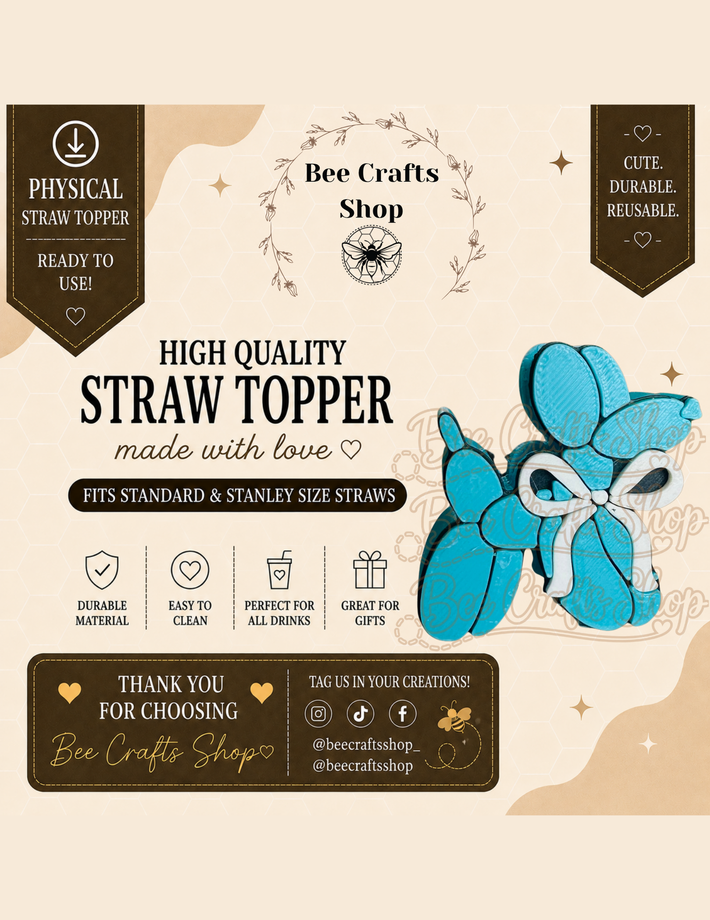 Balloon Dog 3D Printed Straw Topper 8.5mm