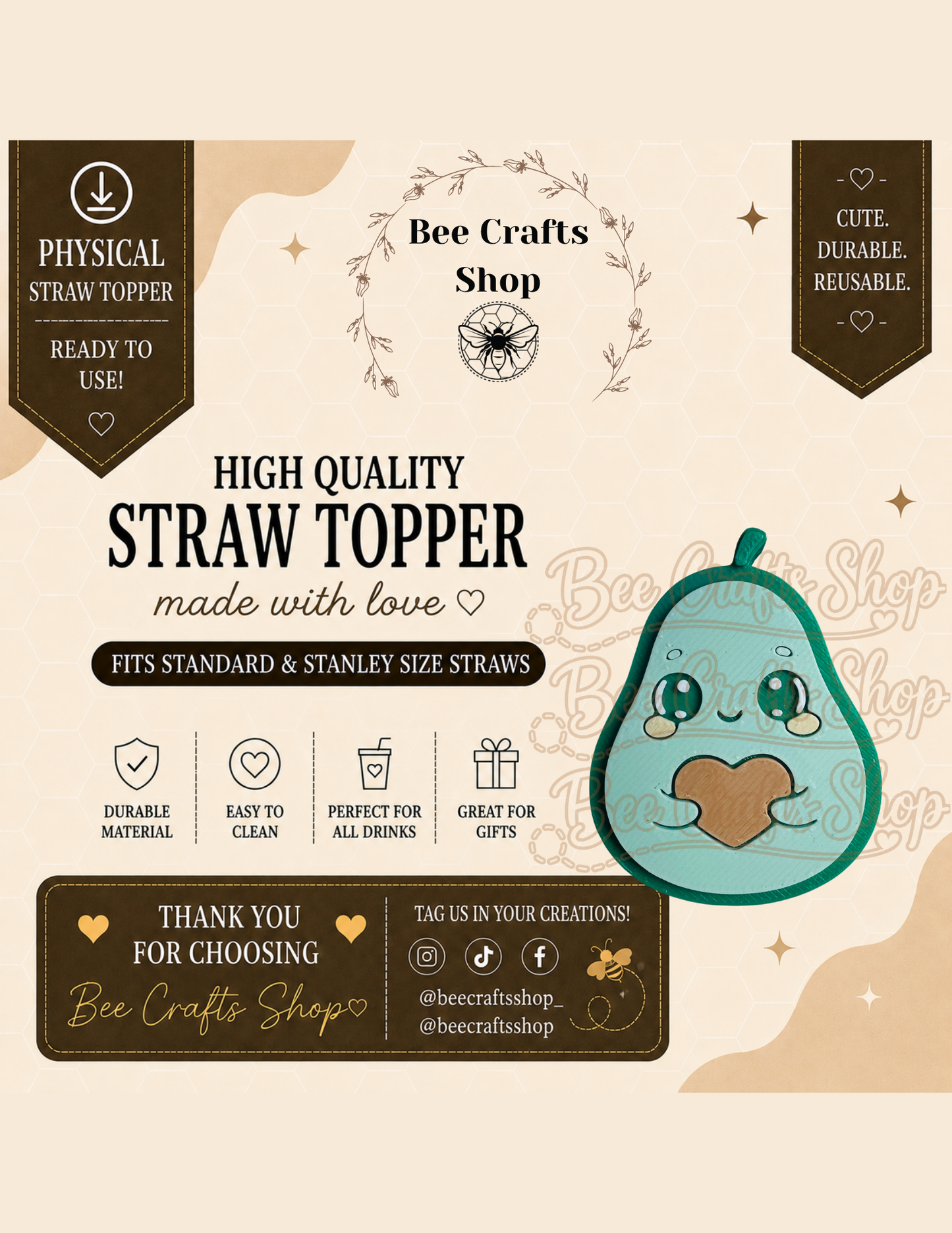 Avocado 3D Printed Straw Topper 8.5mm