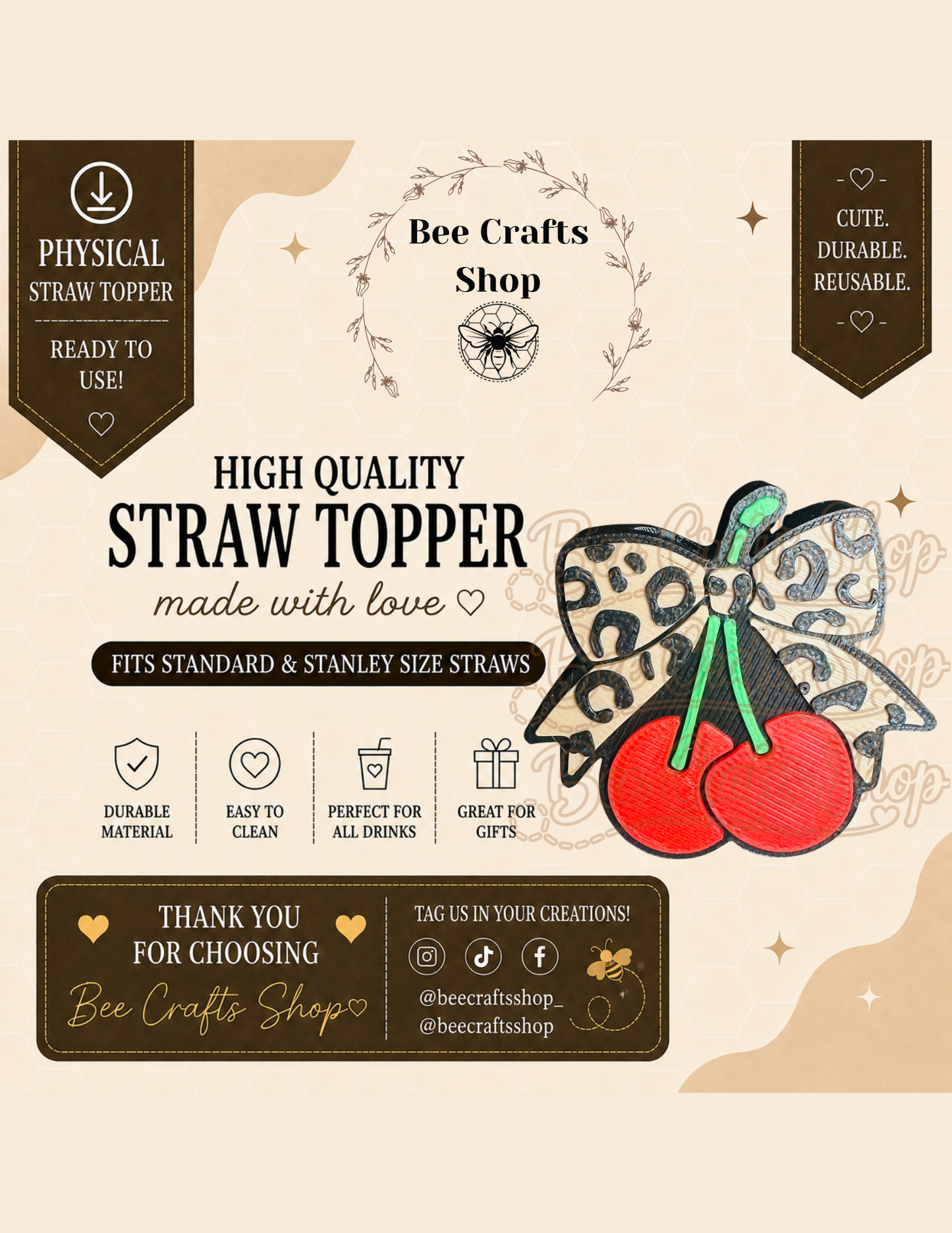 Cherry Cheetah Print 3D Printed Straw Topper 8.5mm
