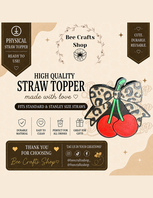 Cherry Cheetah Print 3D Printed Straw Topper 8.5mm