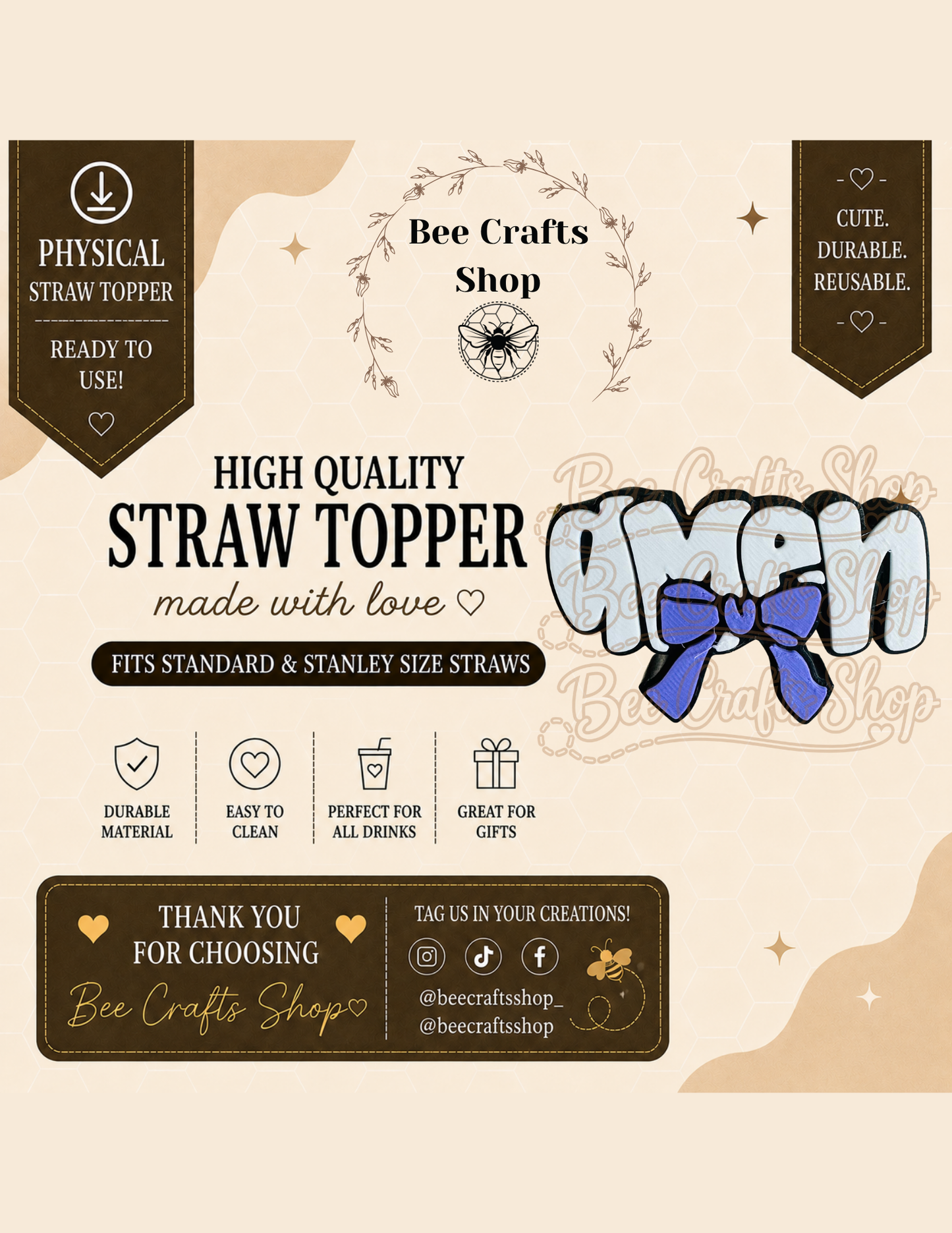 Amen 3D Printed Straw Topper 8.5mm