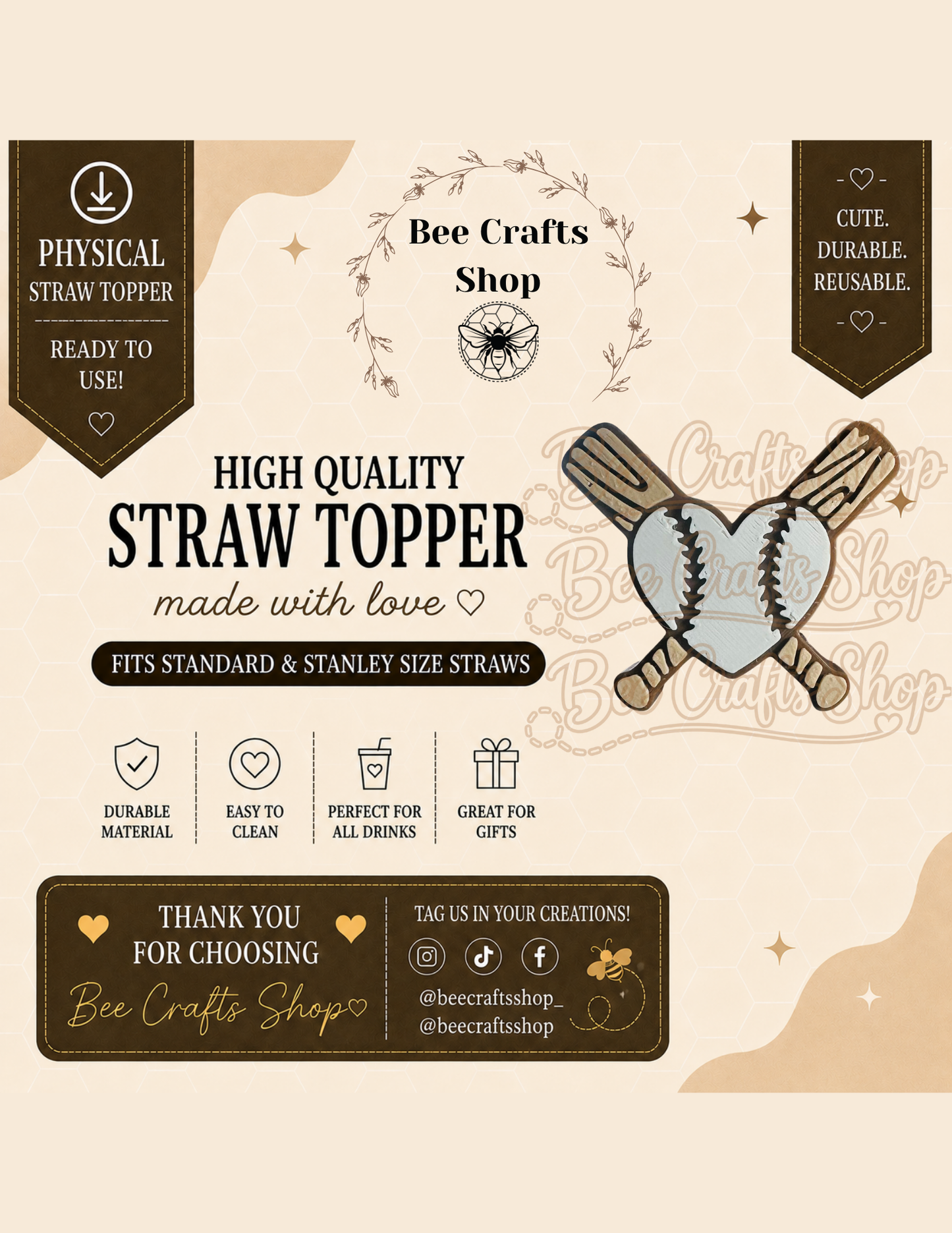 Baseball Bats 3D Printed Straw Topper 8.5mm