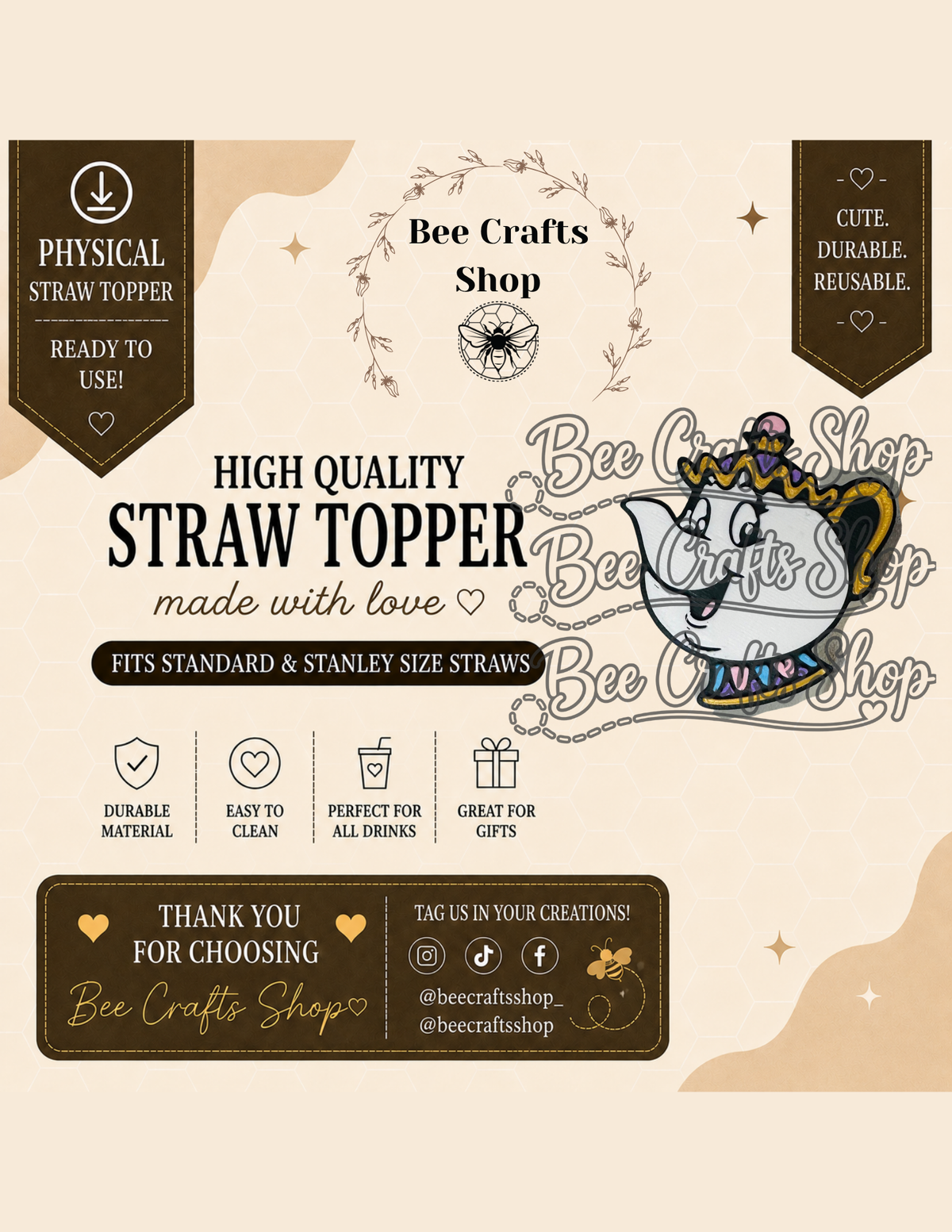 Tea Cup Mom 3D Printed Straw Topper 8.5mm