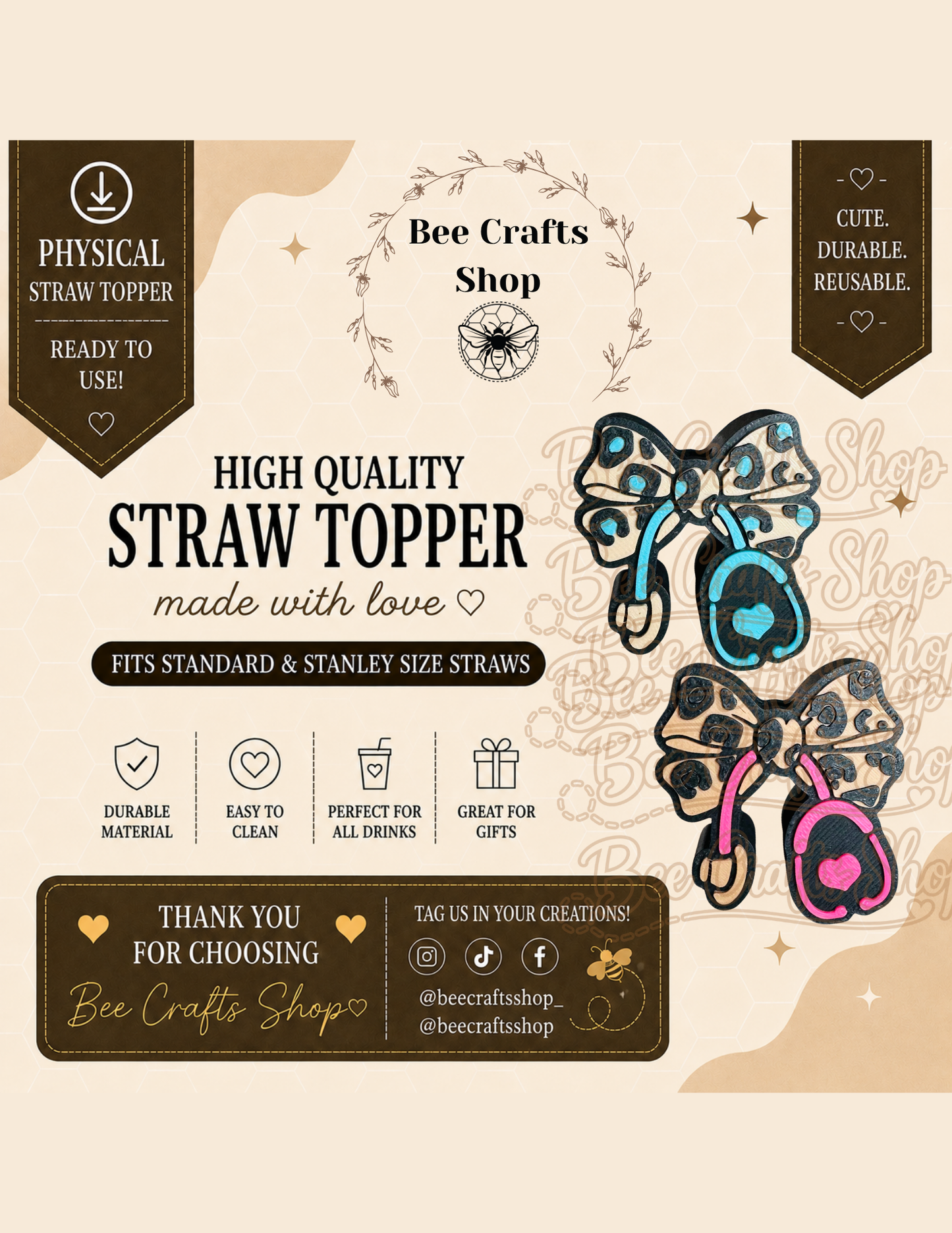 Leopard Print Stethoscope 3D Printed Straw Topper 8.5mm