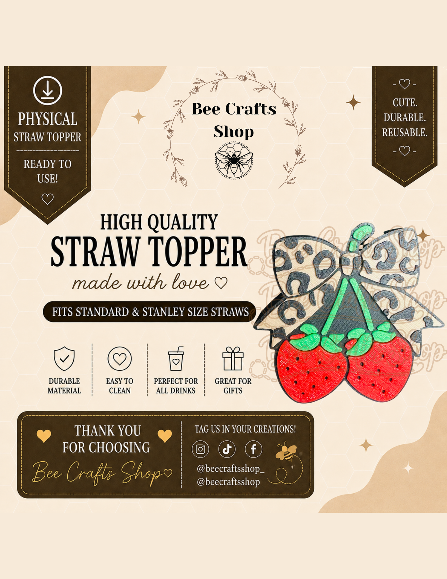 Strawberry Cheetah Print 3D Printed Straw Topper 8.5mm