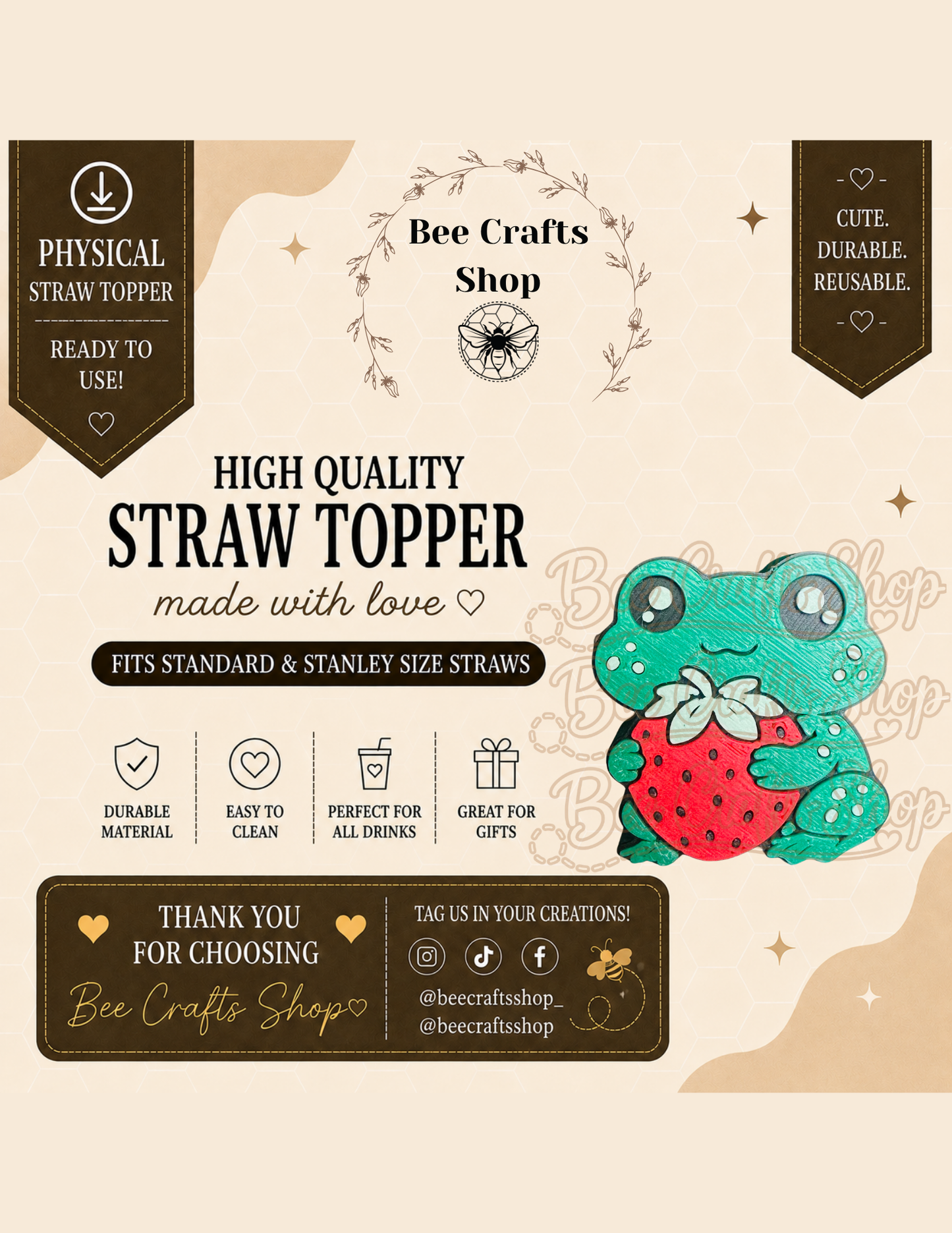 Strawberry Frog 3D Printed Straw Topper 8.5mm