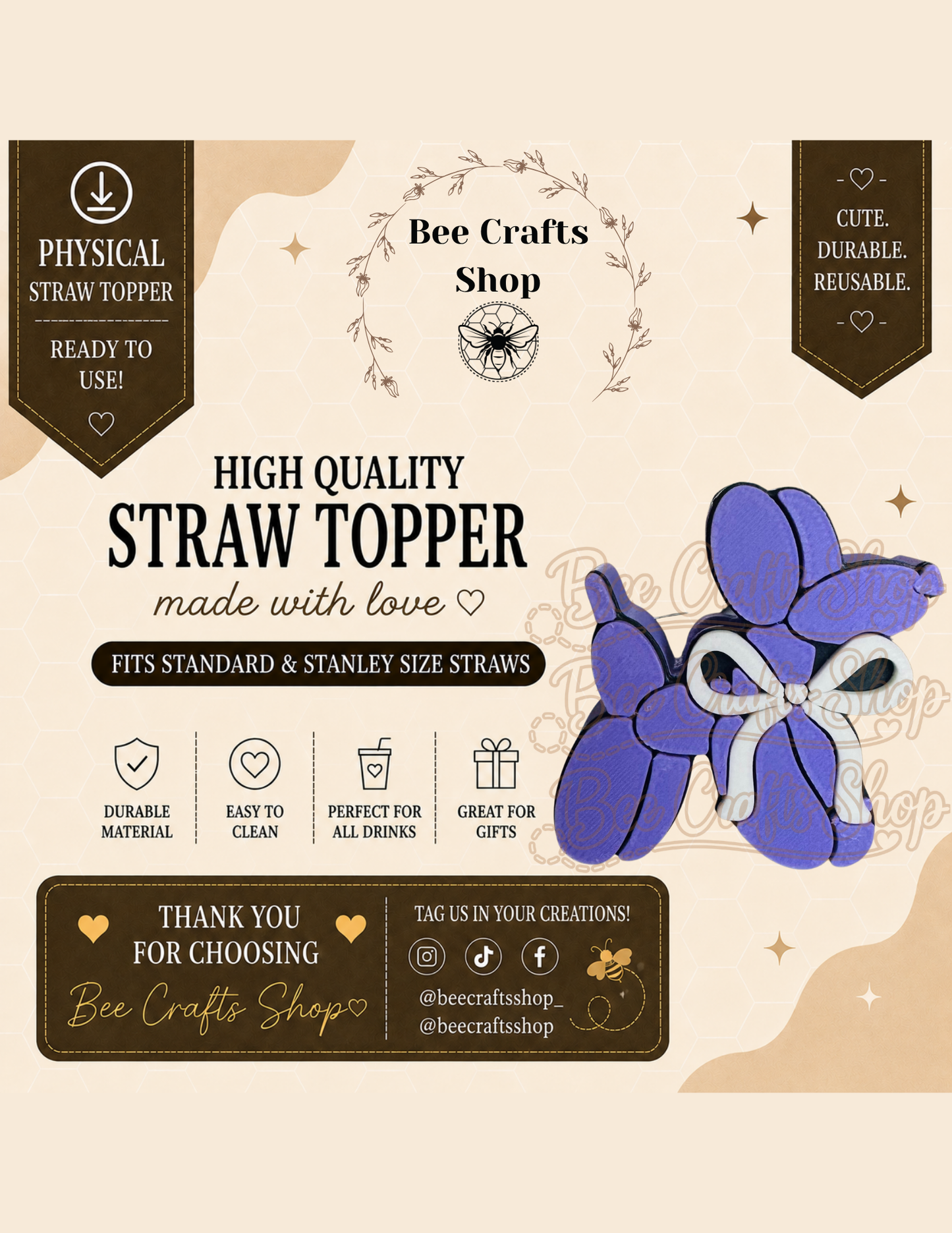 Balloon Dog 3D Printed Straw Topper 8.5mm