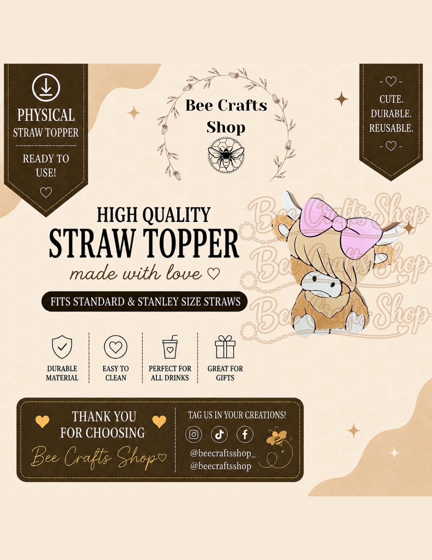 Highland Cow 3D Printed Straw Topper 8.5mm
