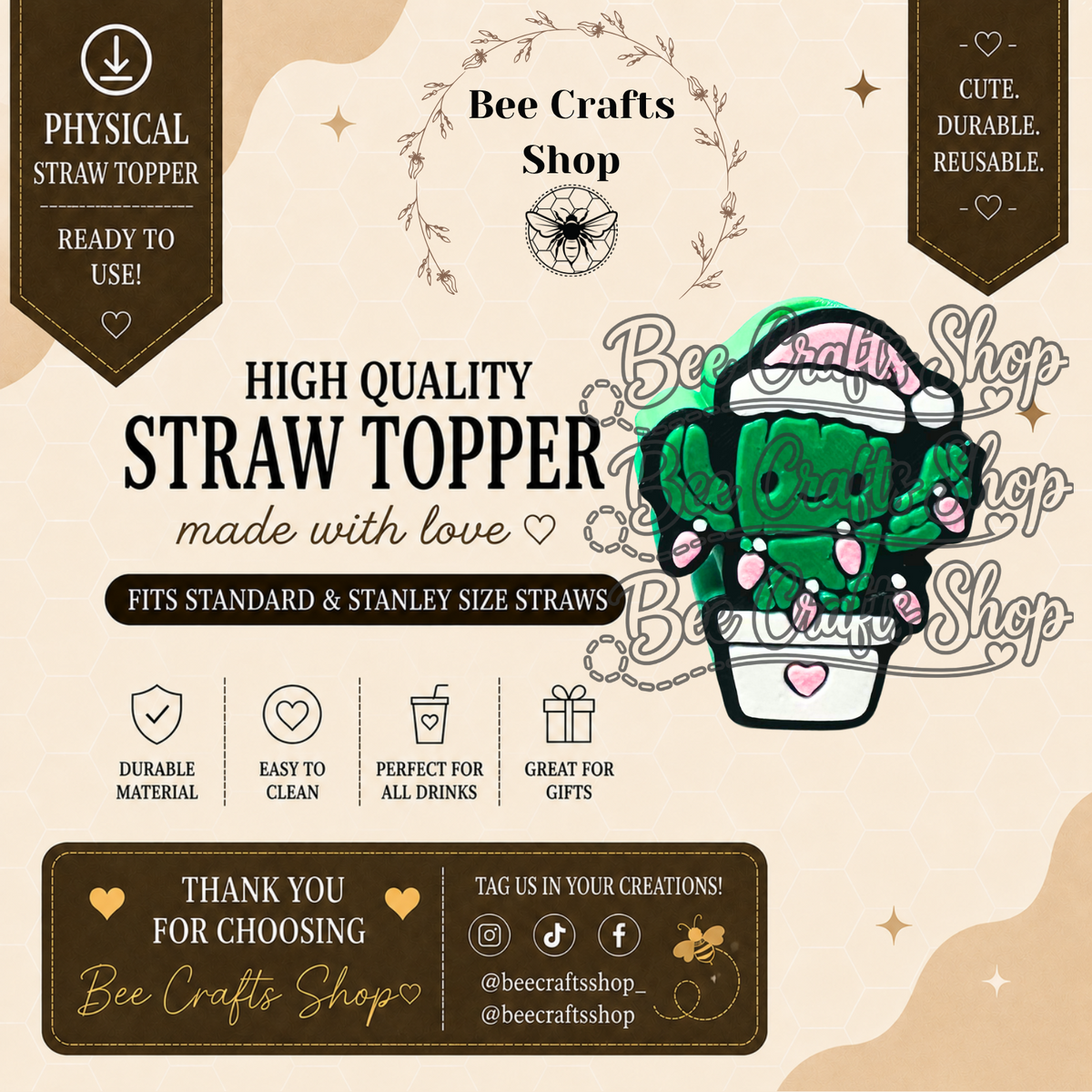 Cactus Christmas 3D Printed Straw Topper 8.5mm