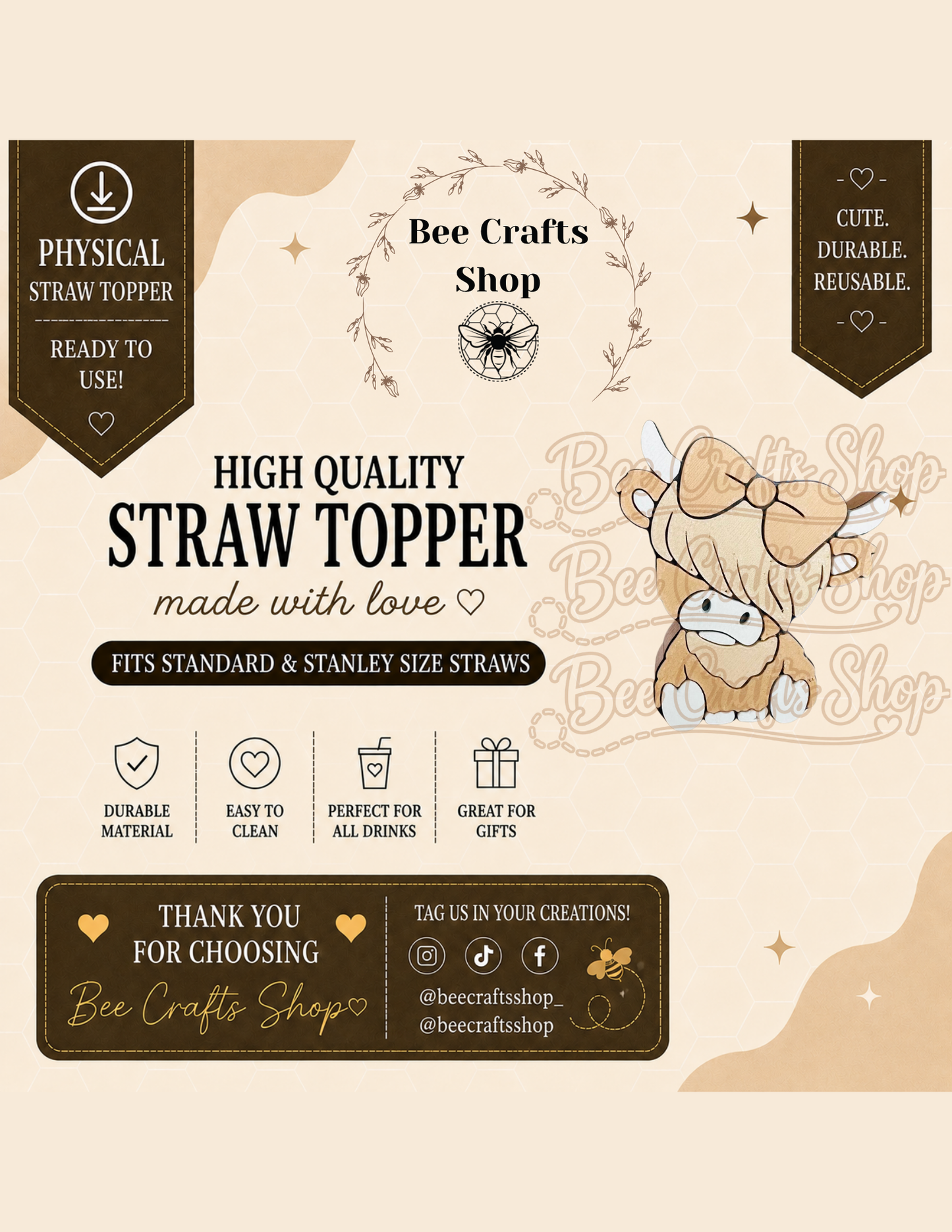 Highland Cow 3D Printed Straw Topper 8.5mm