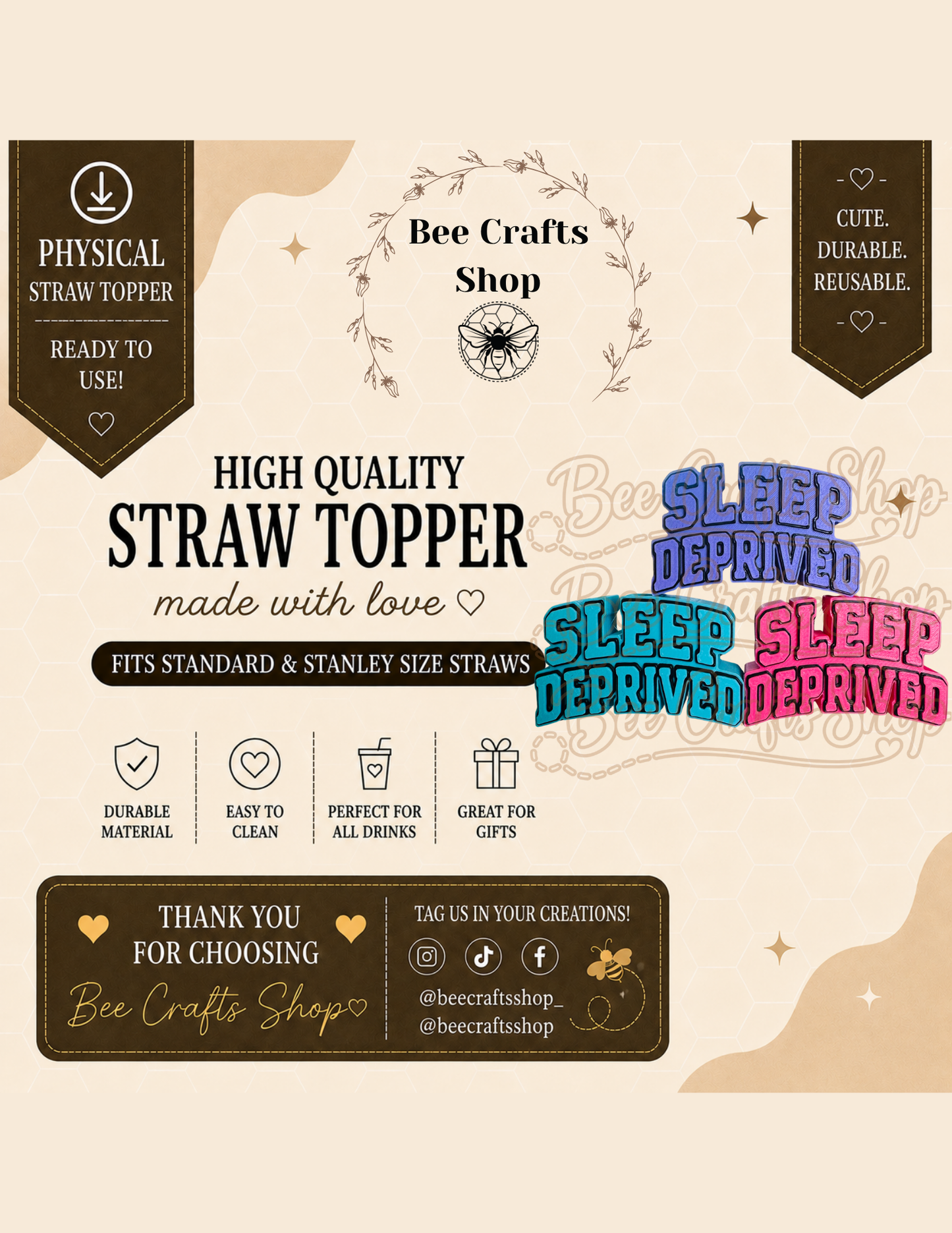 Sleep Deprived 3D Printed Straw Topper 8.5mm