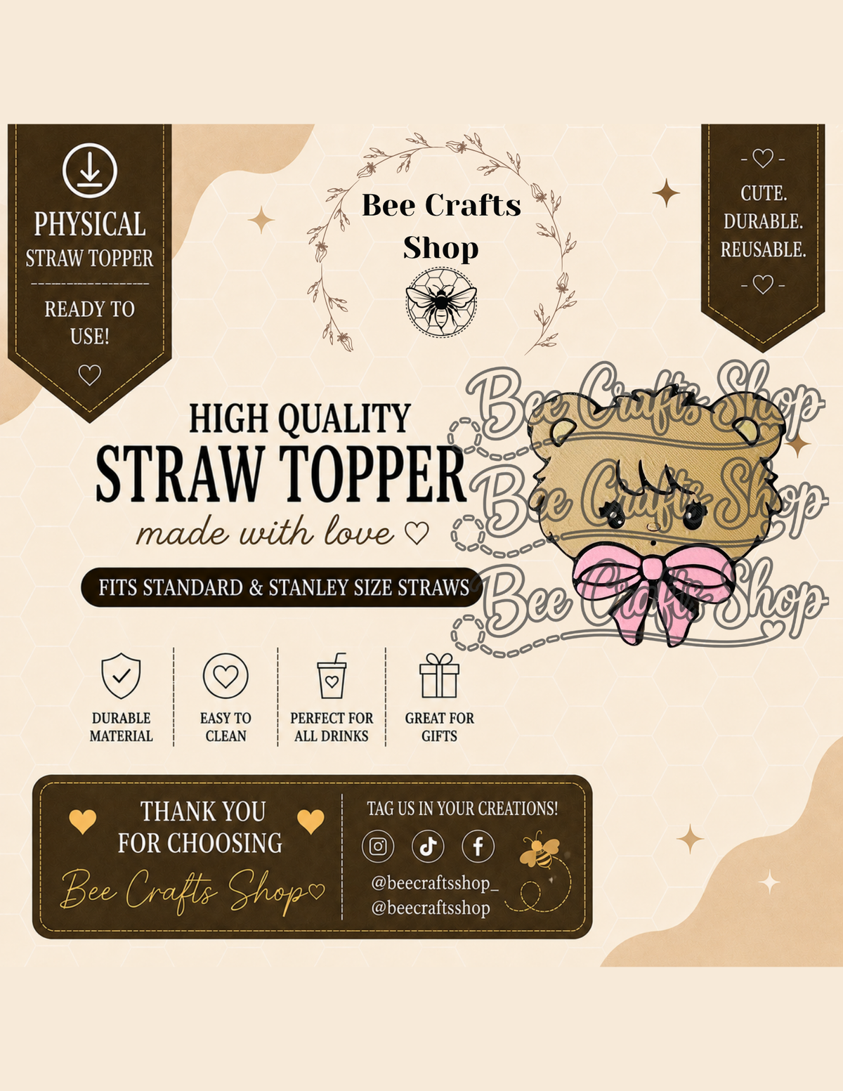 Latte 3D Printed Straw Topper 8.5mm