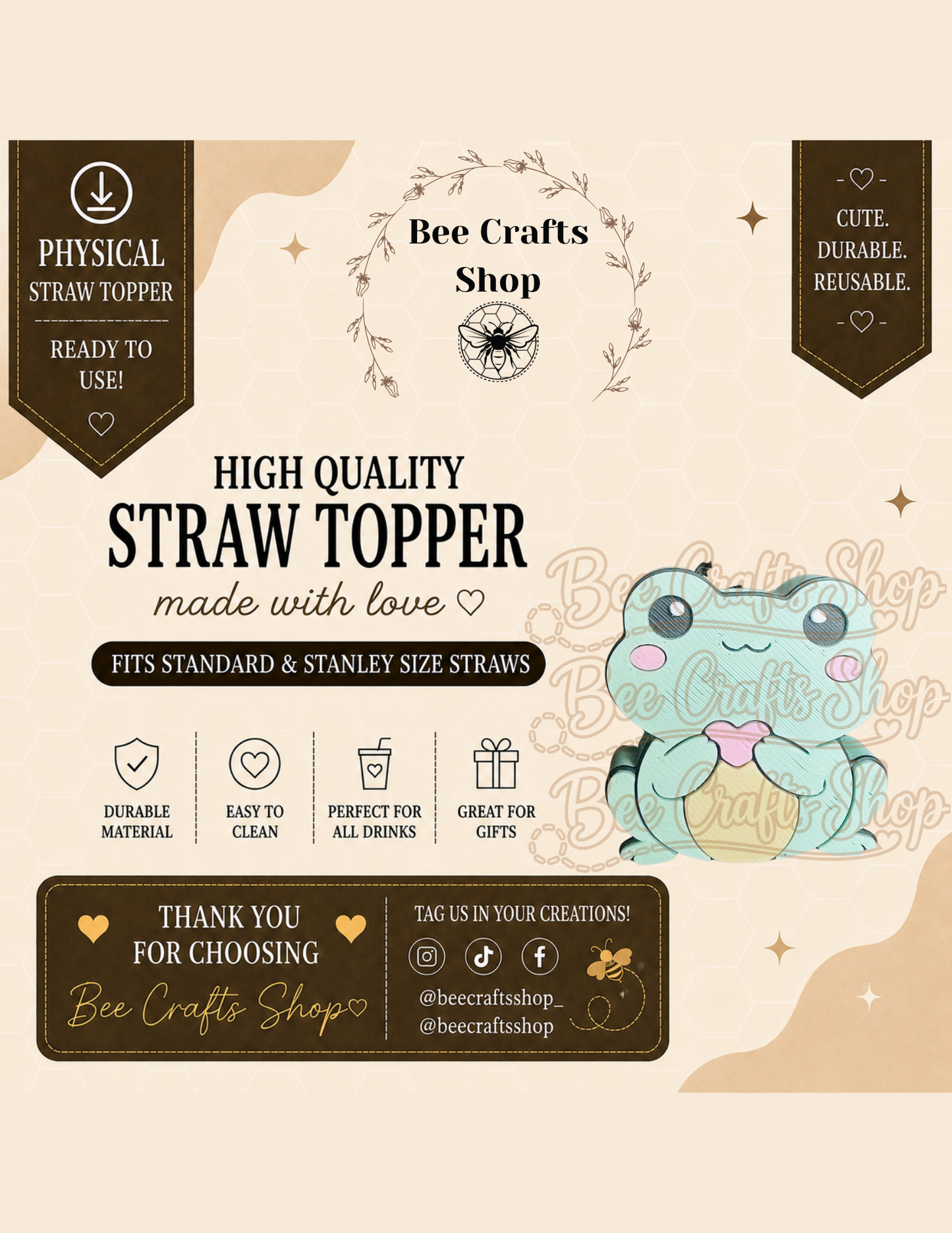 Heart Frog 3D Printed Straw Topper 8.5mm