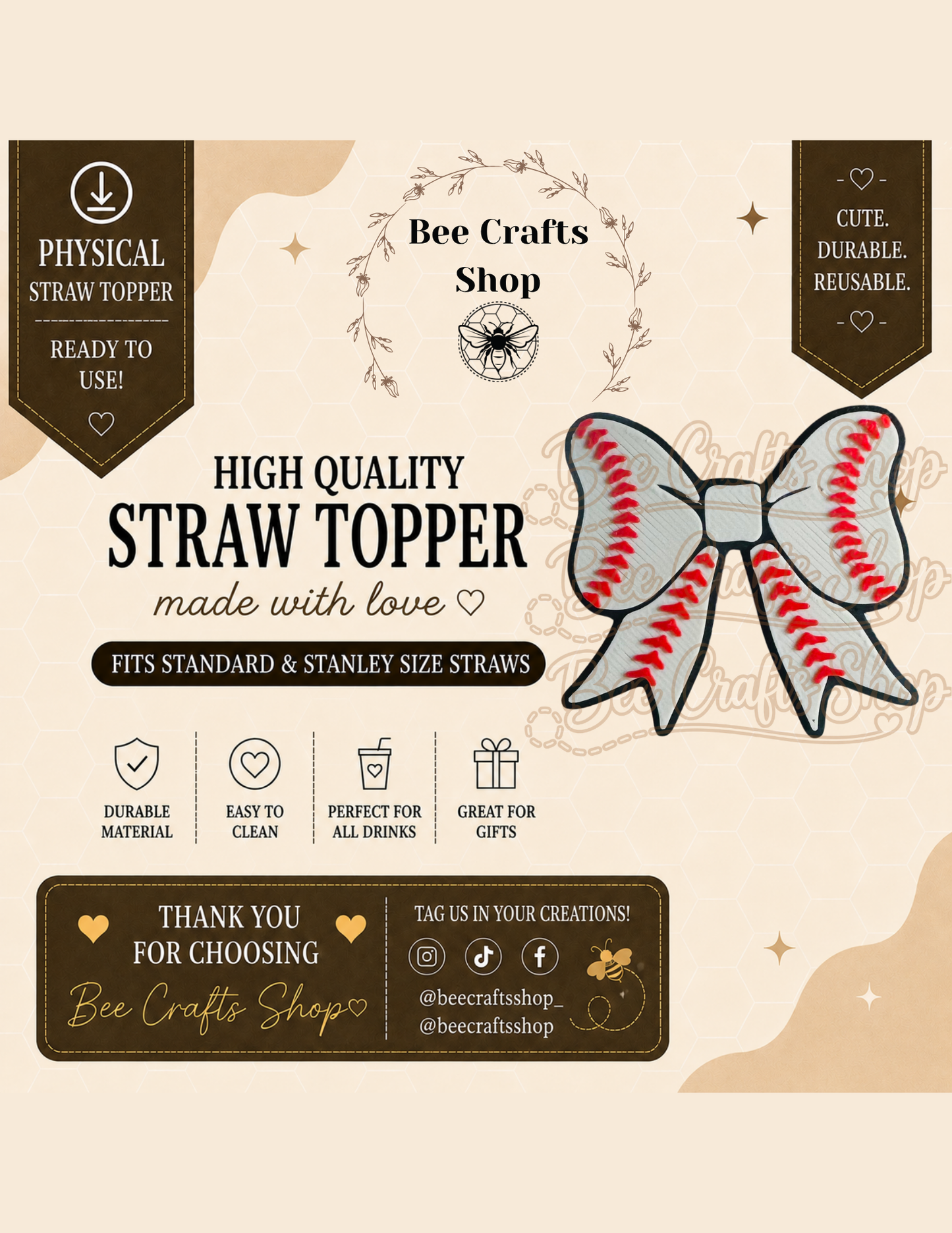 Baseball Bow 3D Printed Straw Topper 8.5mm