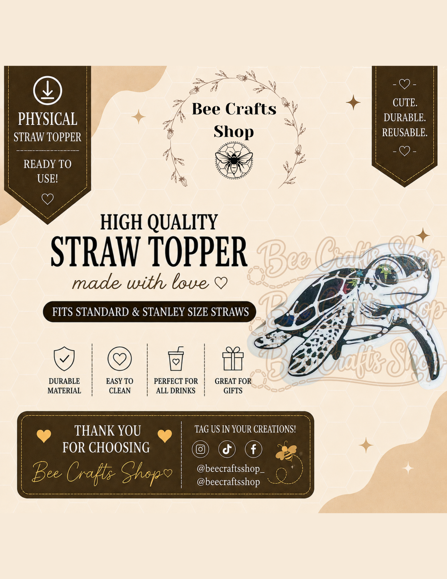 Holographic Sea Turtle 3D Printed Straw Topper 8.5mm