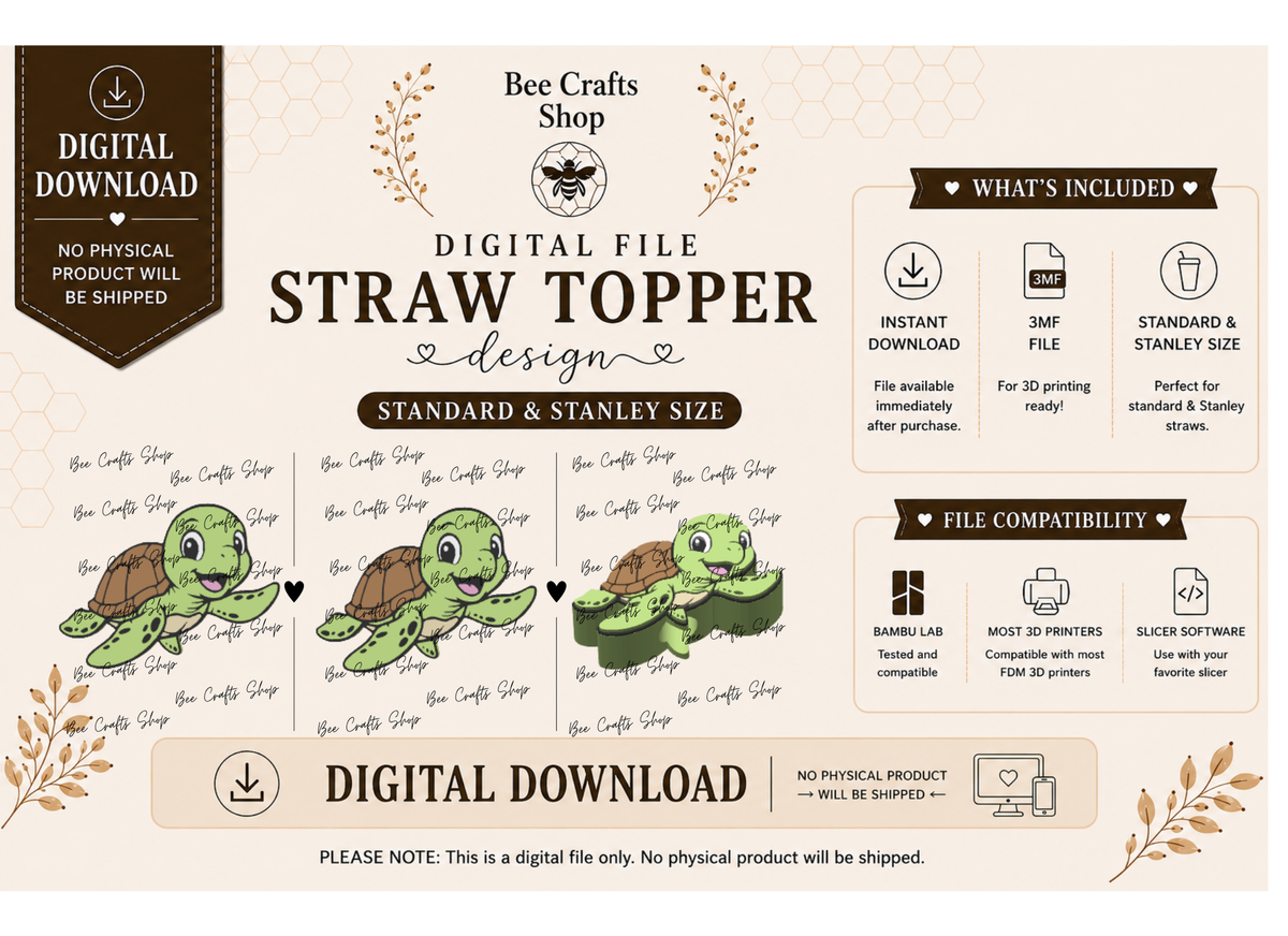 Turtle Straw Topper Digital Design 3MF