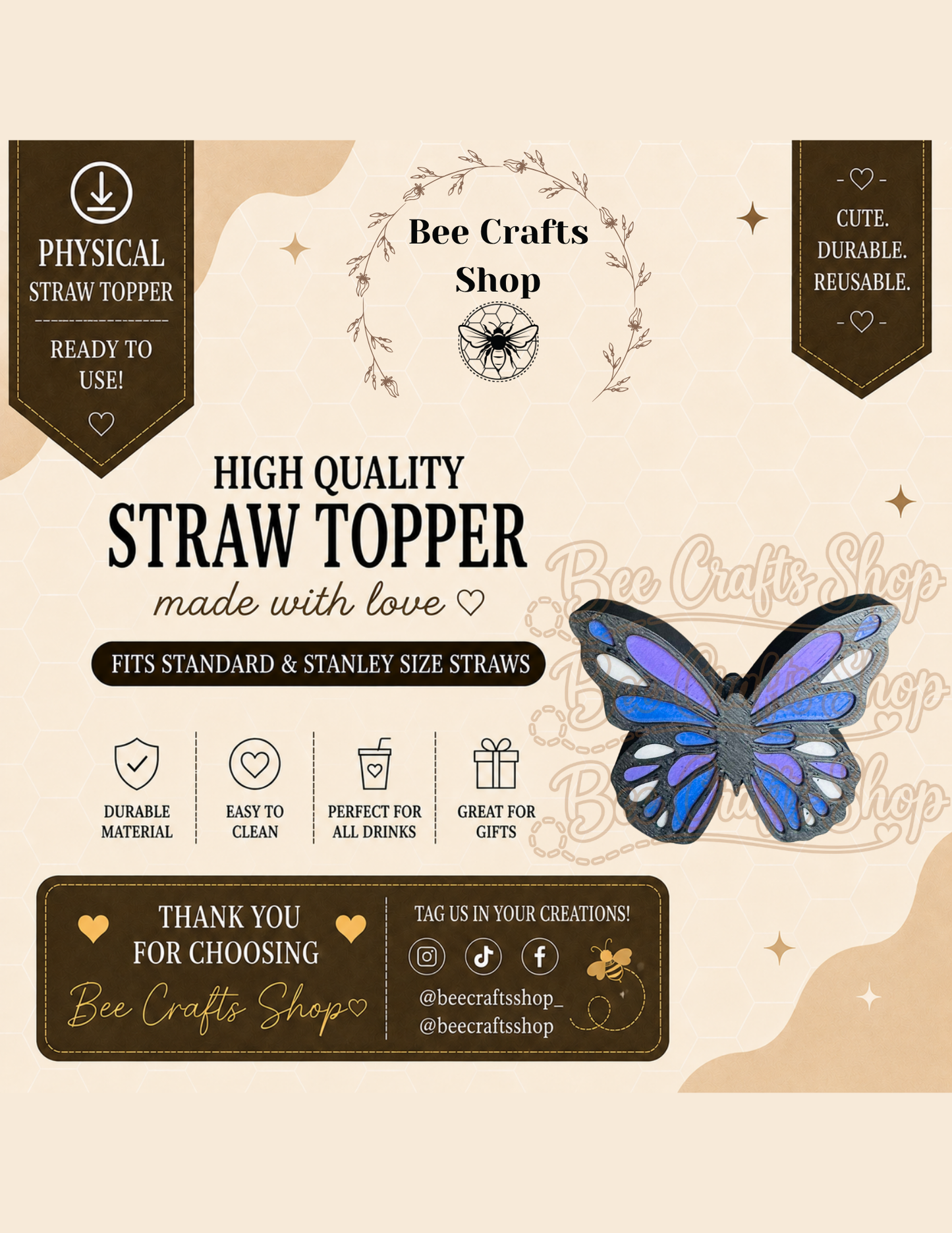 Butterfly 3D Printed Straw Topper 8.5mm