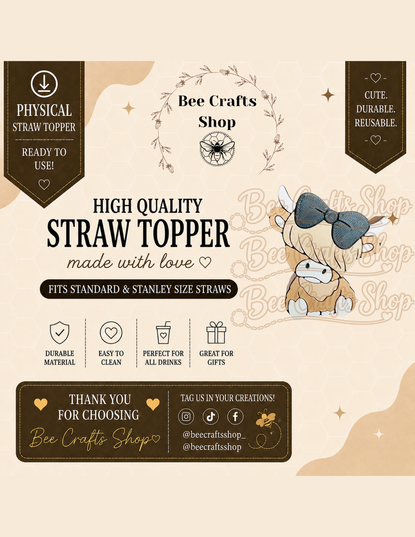Highland Cow 3D Printed Straw Topper 8.5mm