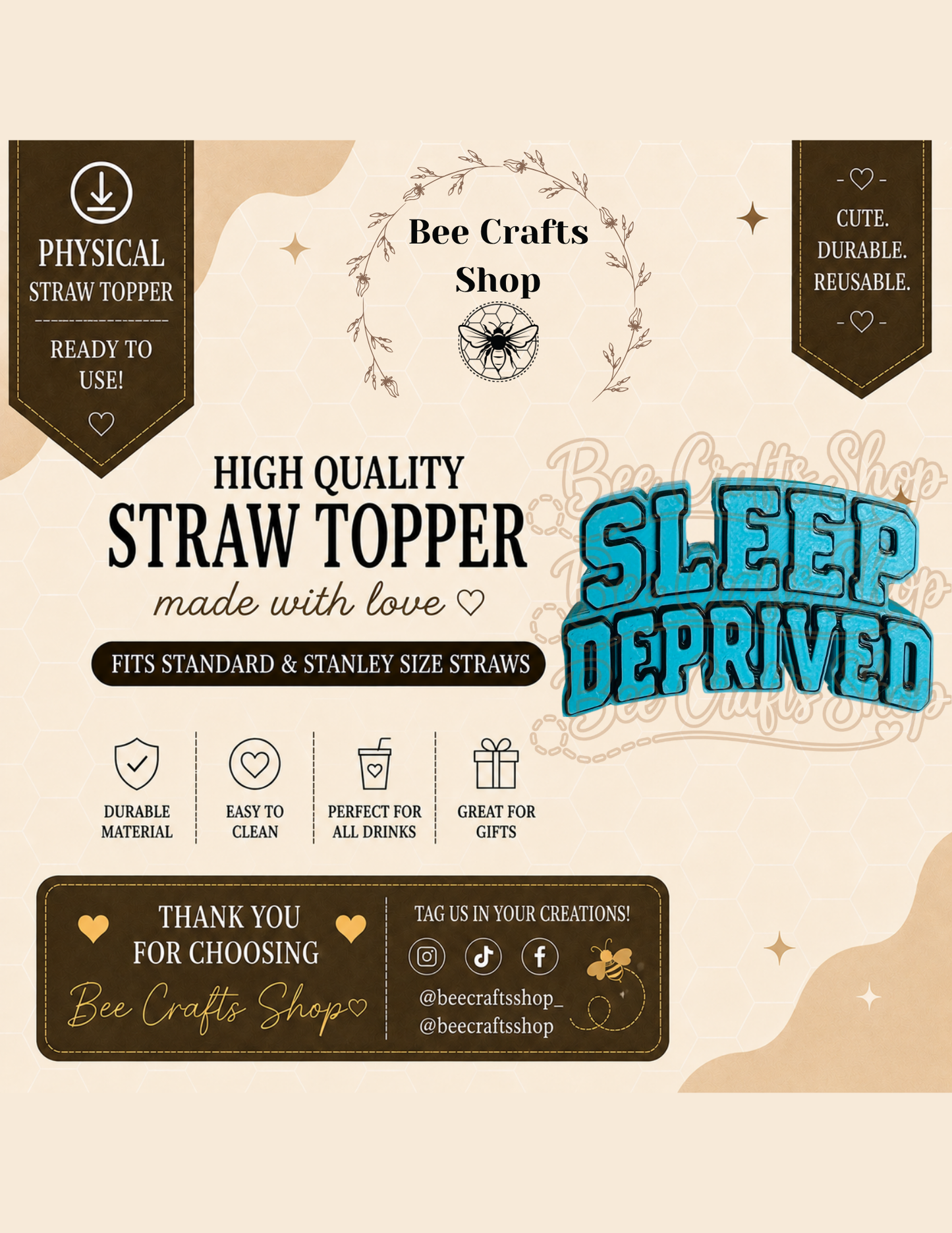 Sleep Deprived 3D Printed Straw Topper 8.5mm