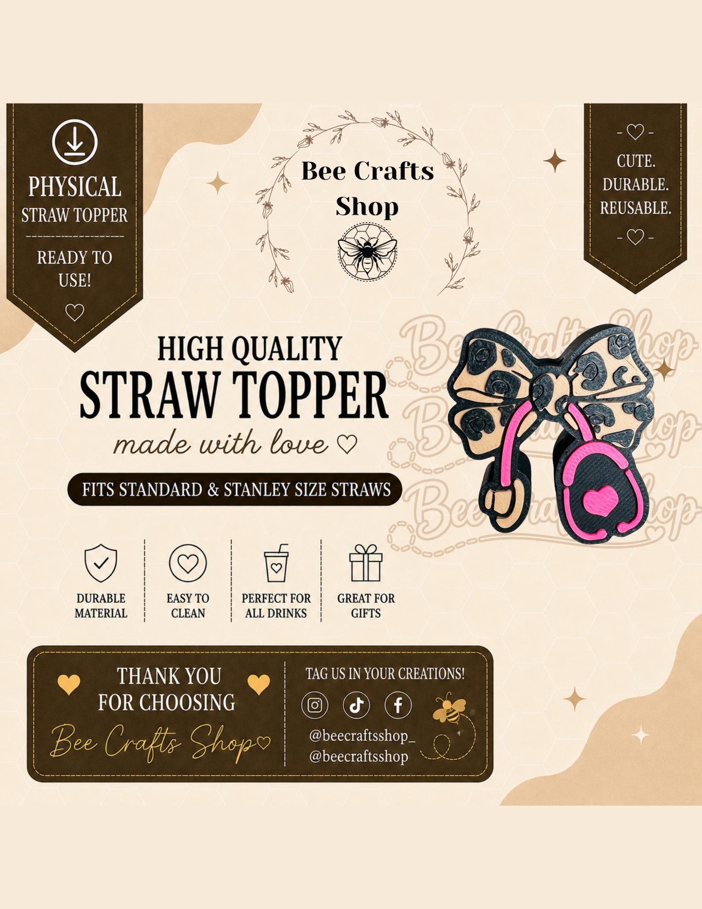 Leopard Print Stethoscope 3D Printed Straw Topper 8.5mm