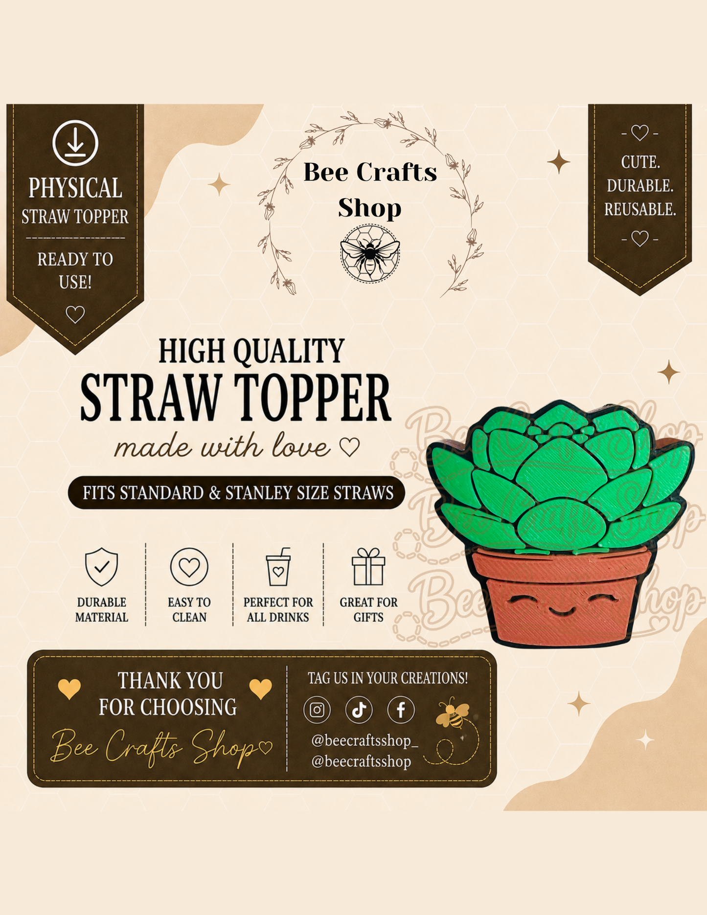 Succulent 3D Printed Straw Topper 8.5mm