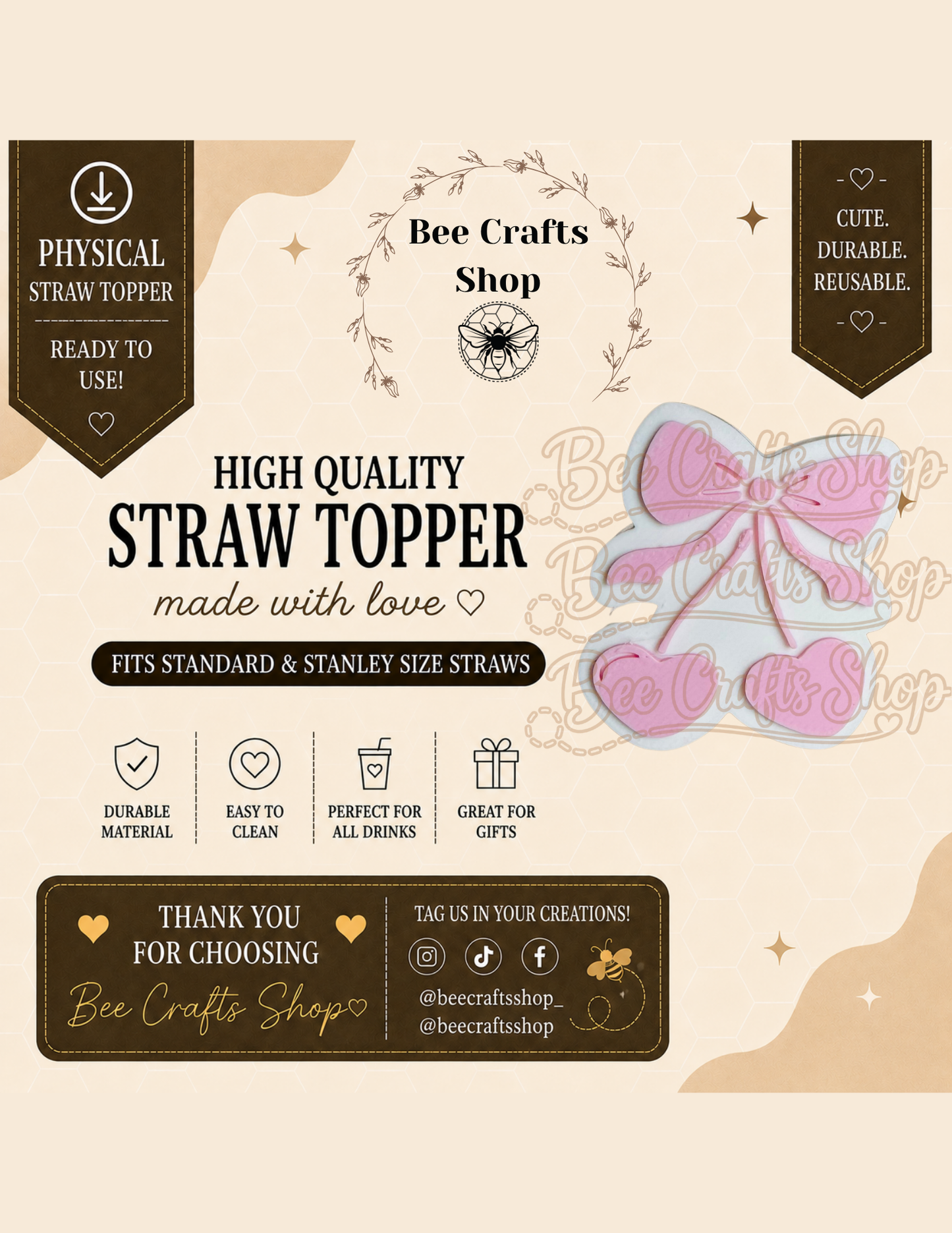 "Pretty in Pink" Bow 3D Printed Straw Topper 8.5mm