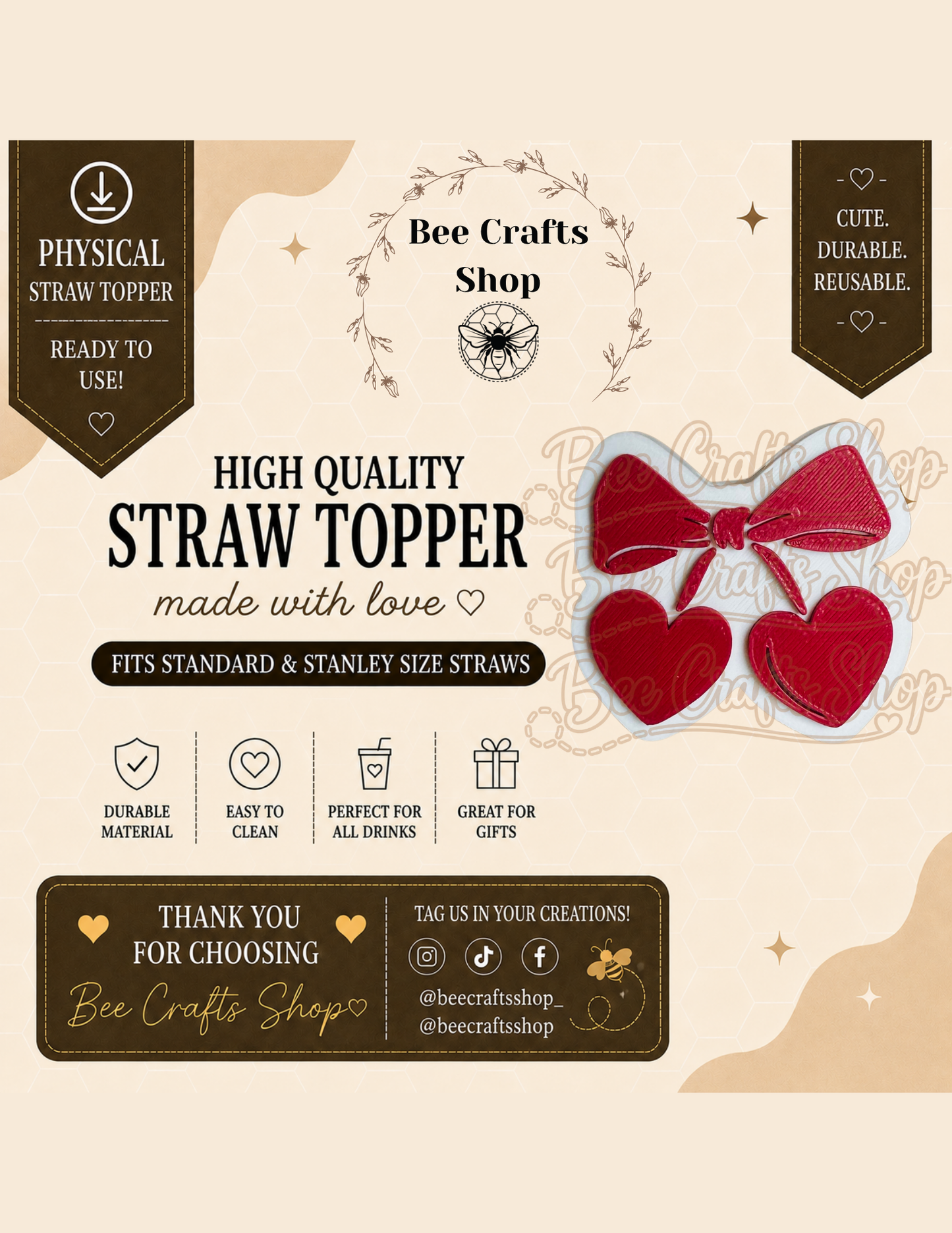 Sweetheart Charm Bow 3D Printed Straw Topper 8.5mm