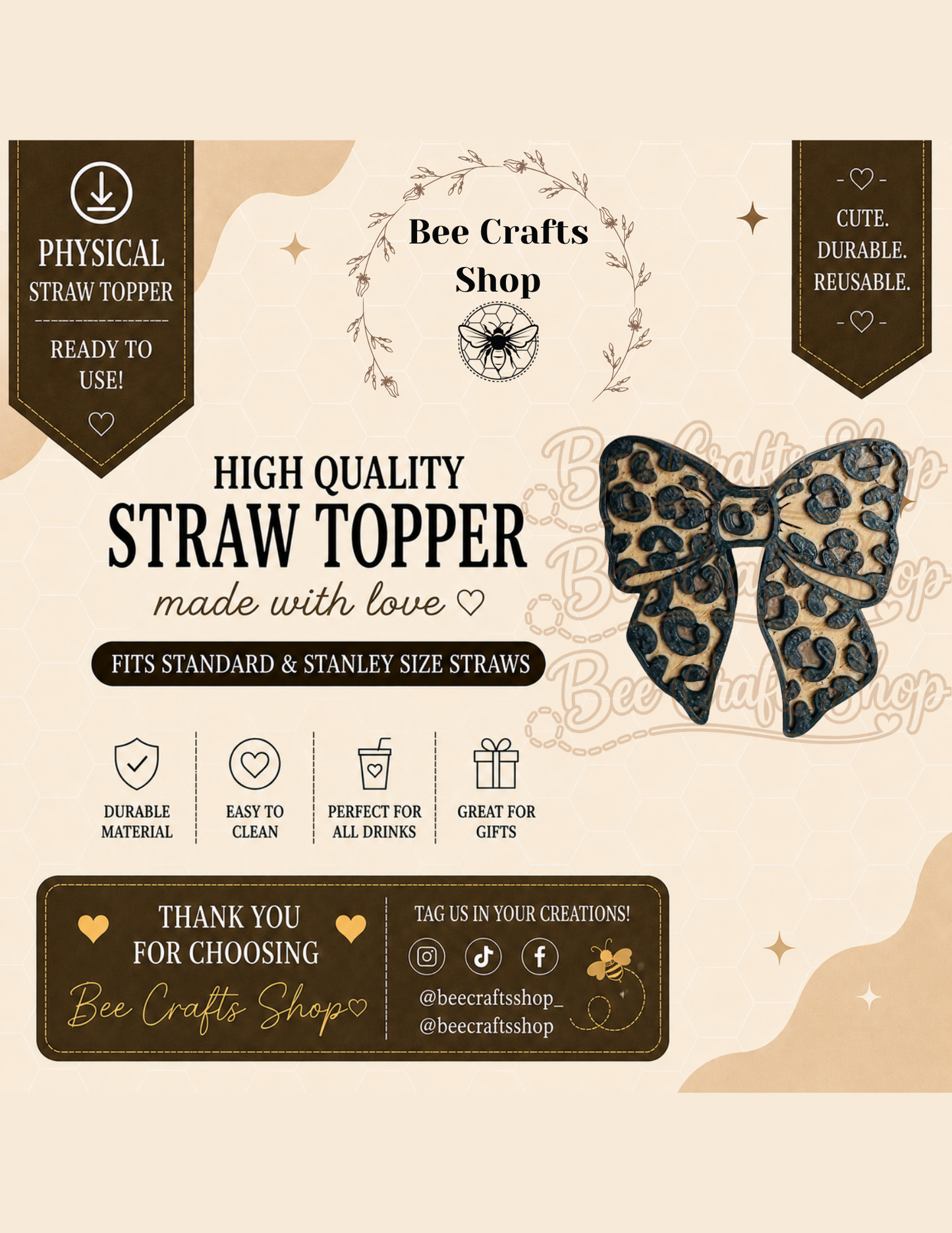 Cheetah Print Bow 3D Printed Straw Topper 8.5mm