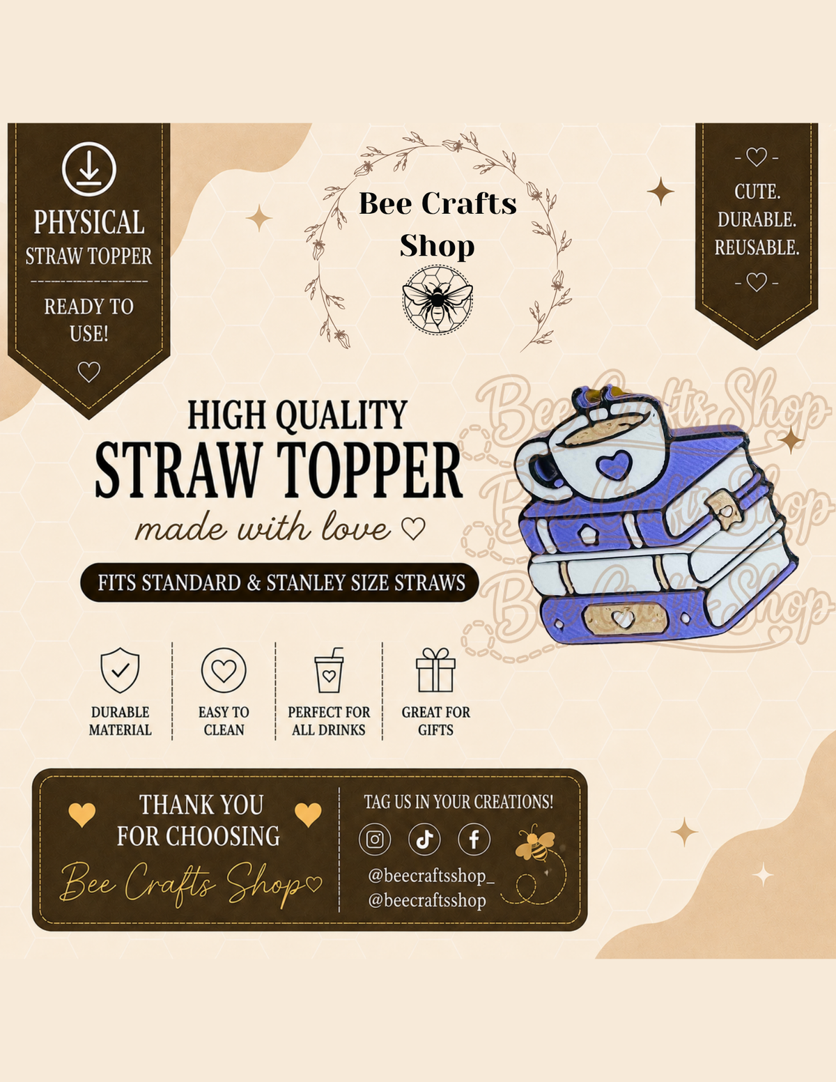 "Book Lovers Brew" 3D Printed Straw Topper 8.5mm