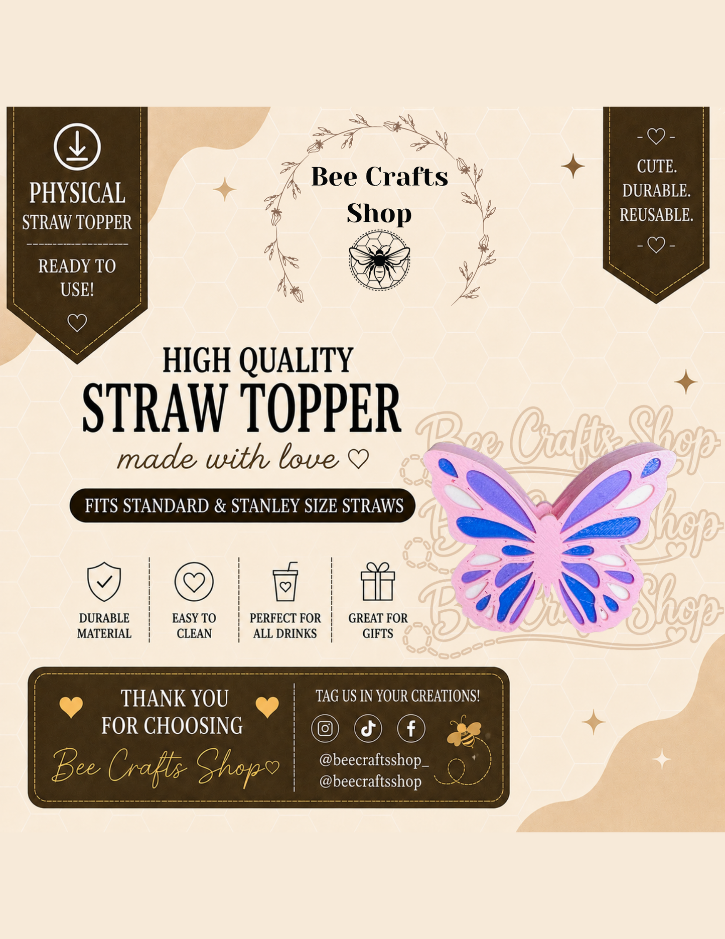 Butterfly 3D Printed Straw Topper 8.5mm