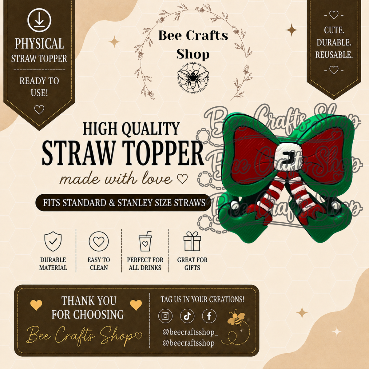 ElfLegs Christmas 3D Printed Straw Topper 8.5mm