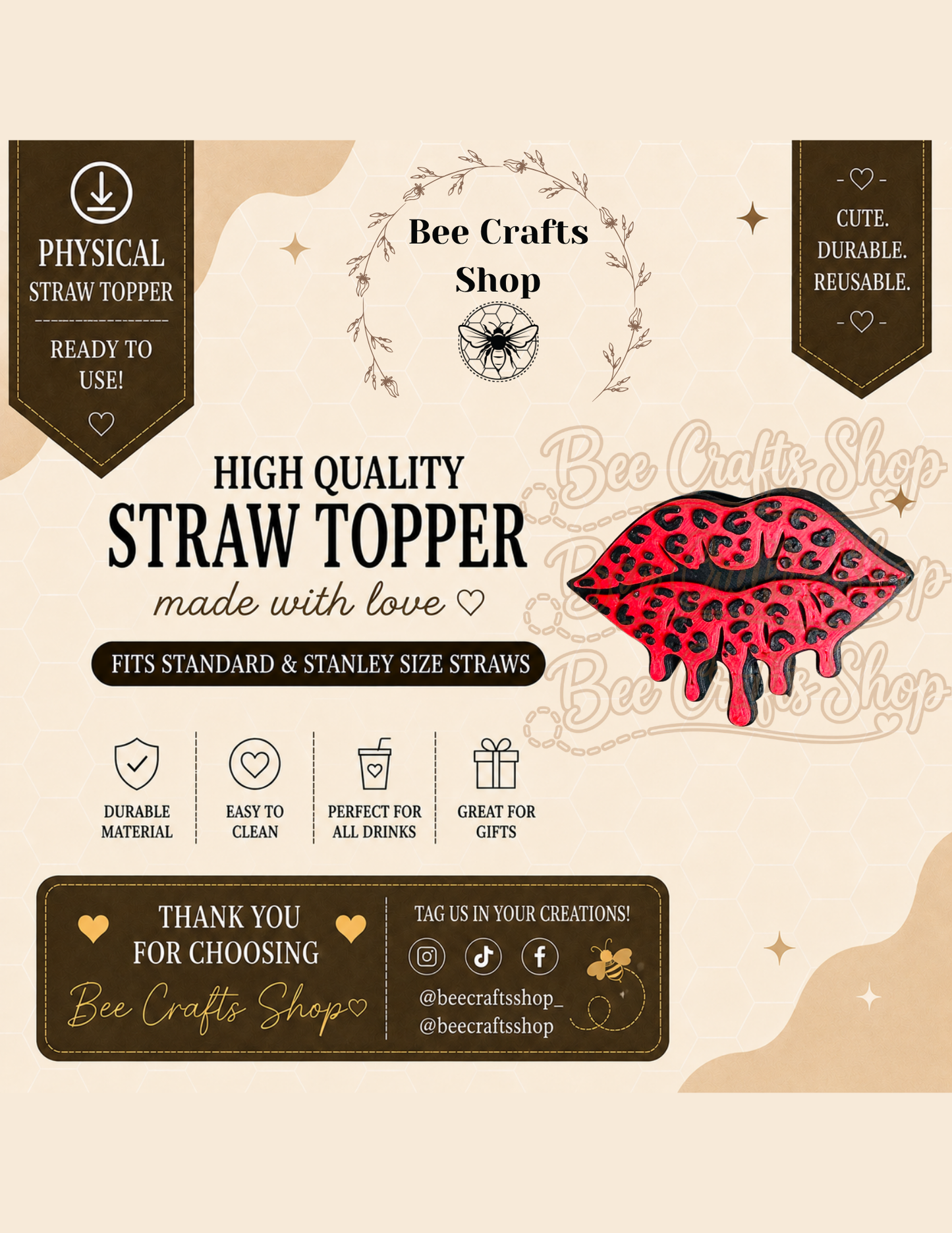 Leopard Drip Lips 3D Printed Straw Topper 8.5mm