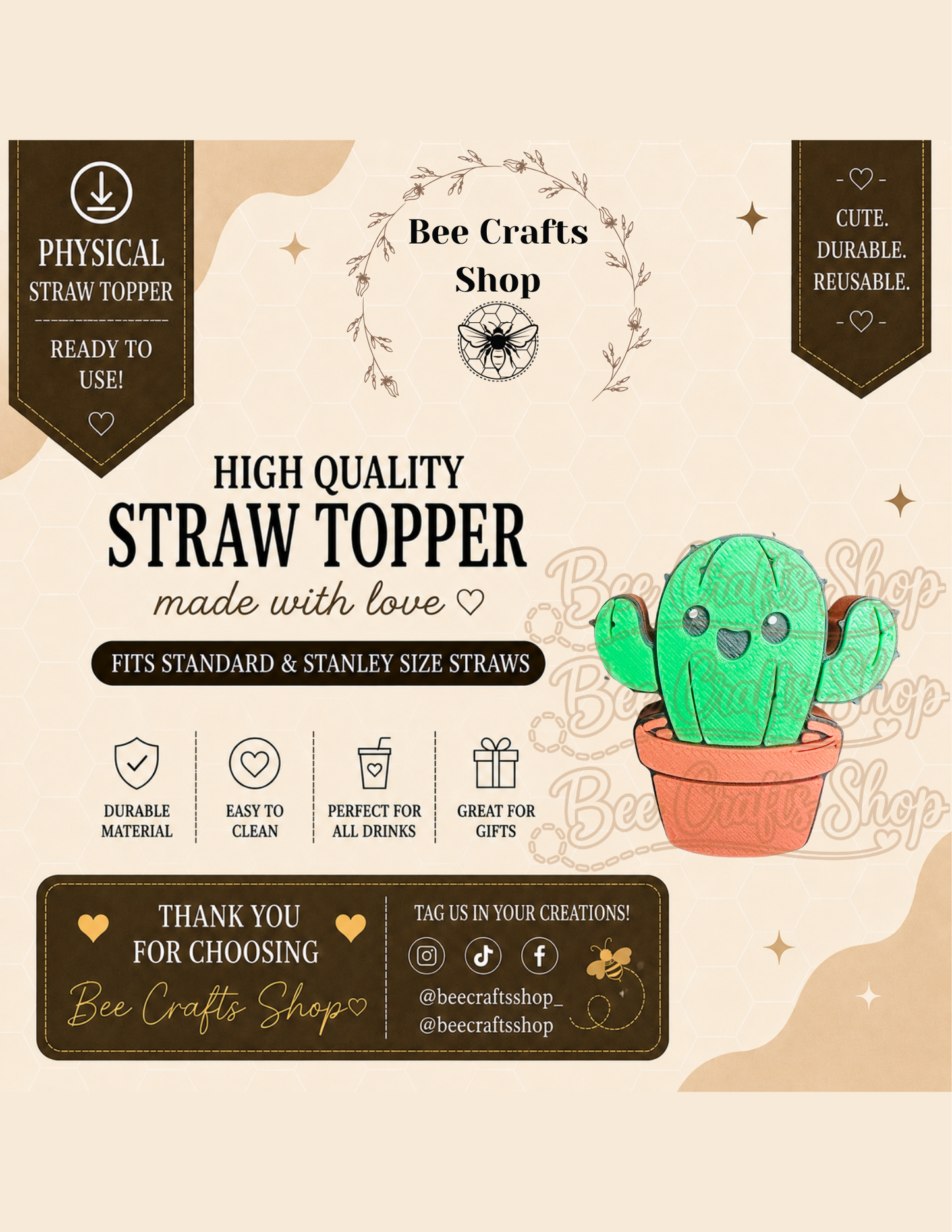 Cactus 3D Printed Straw Topper 8.5mm