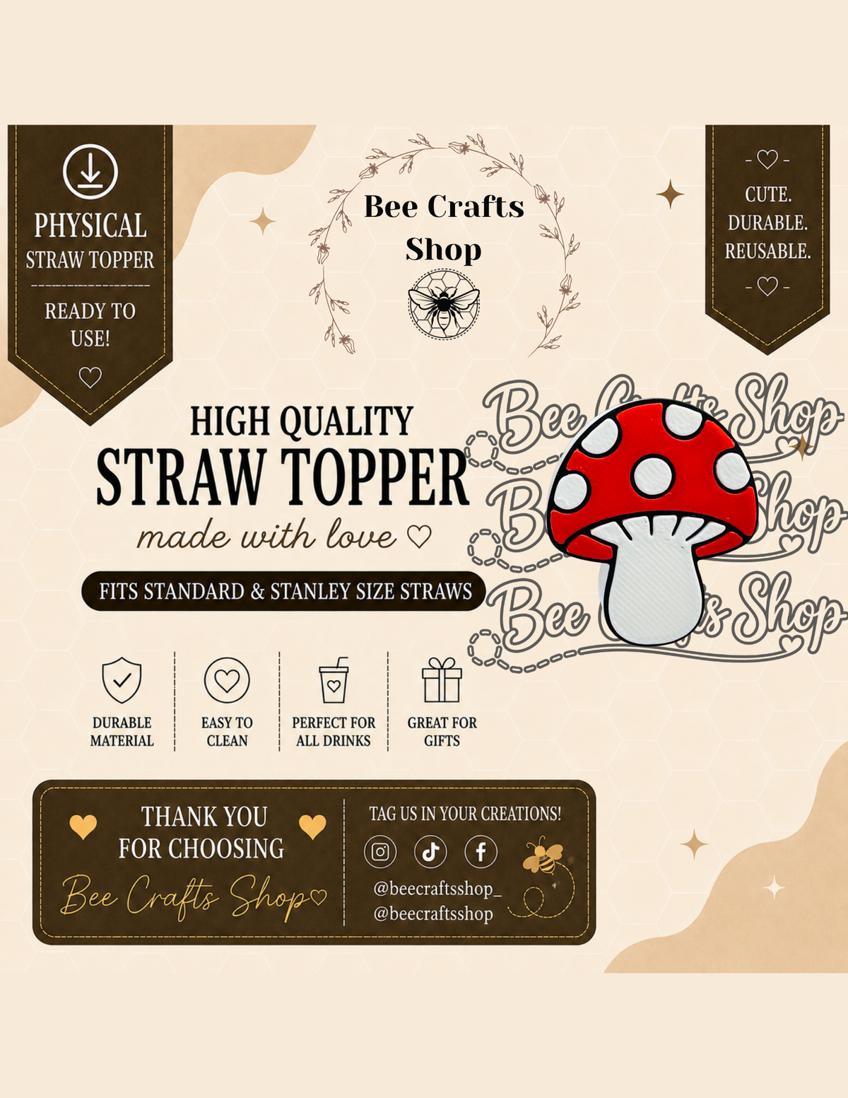 Mushroom 3D Printed Straw Toppers