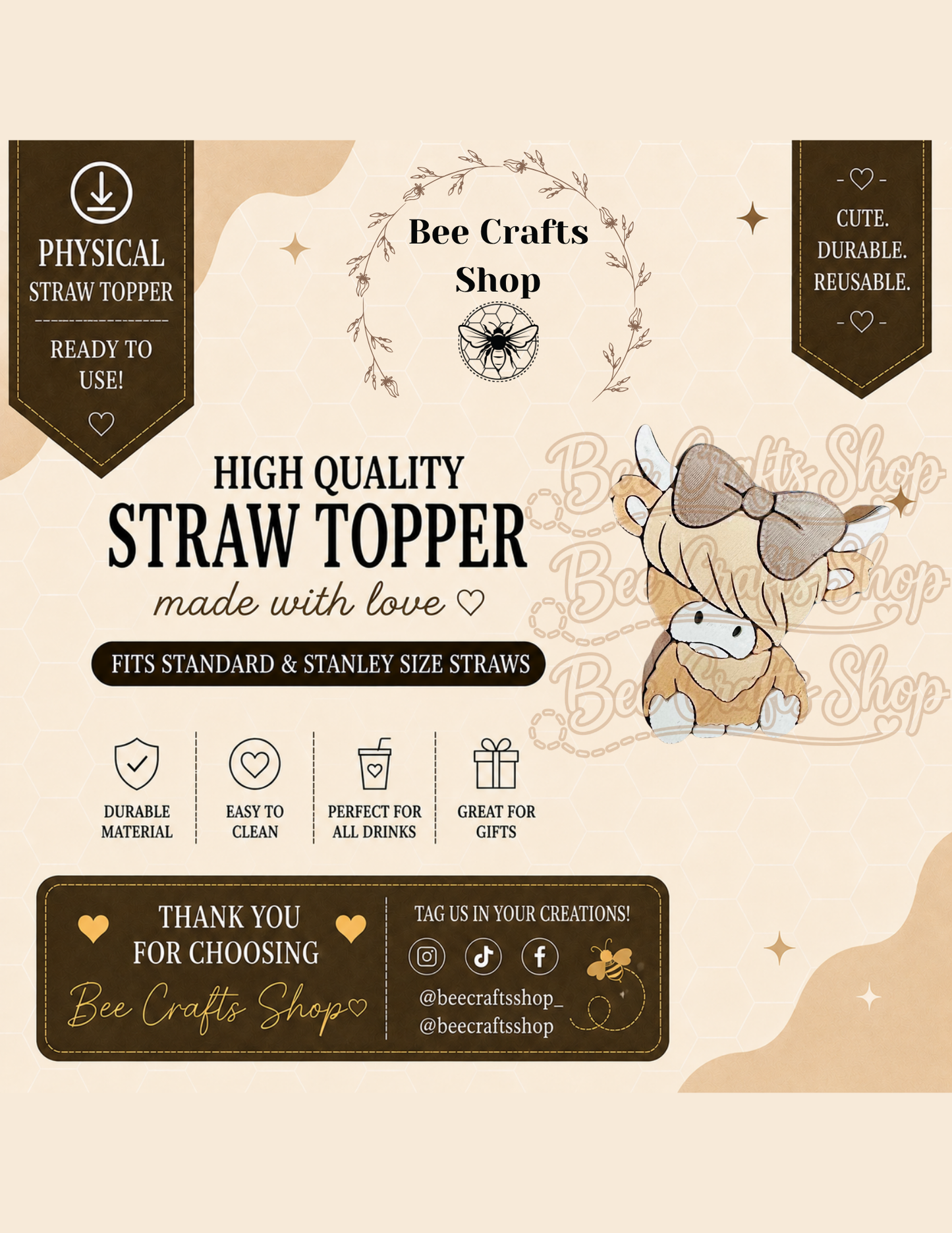 Highland Cow 3D Printed Straw Topper 8.5mm