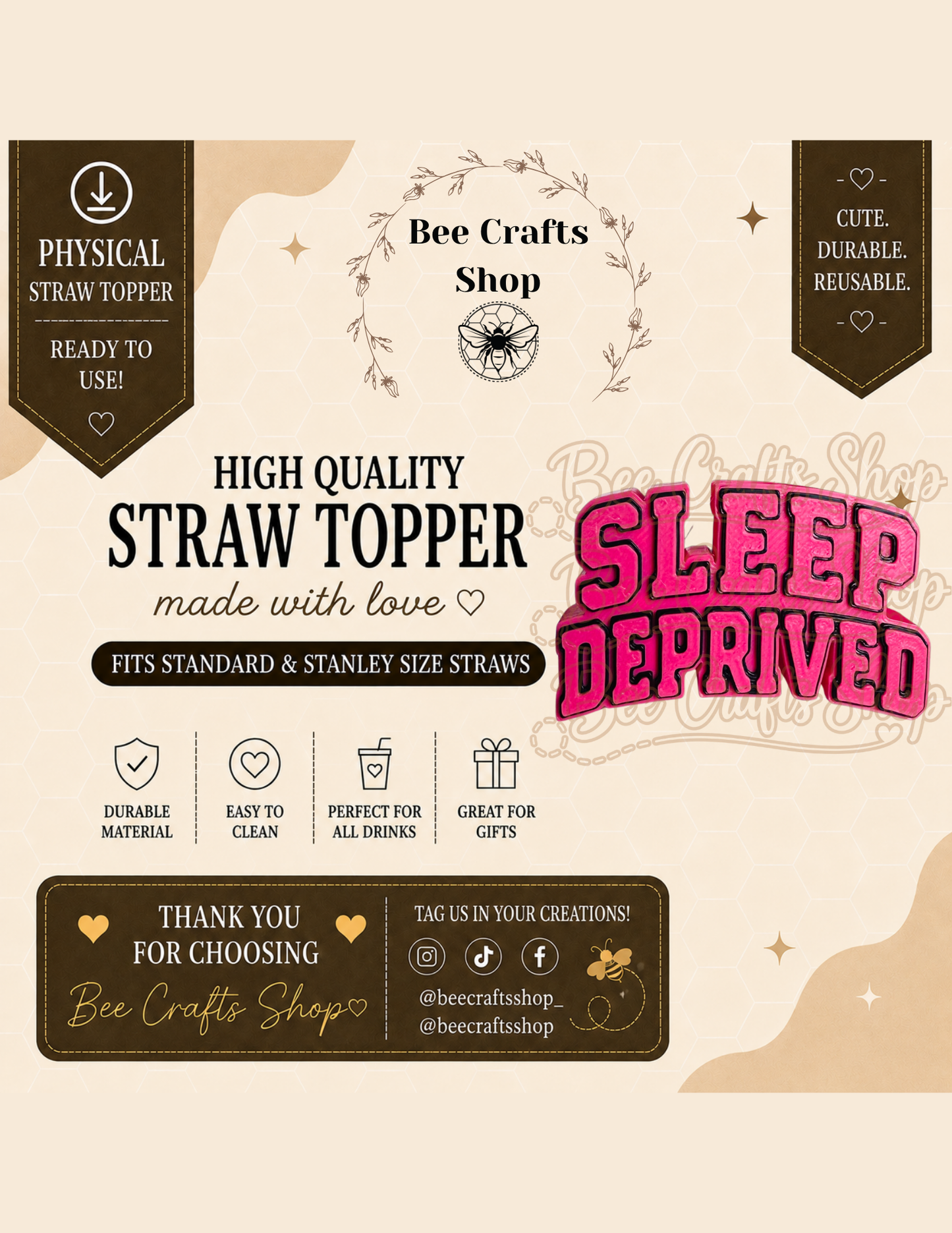 Sleep Deprived 3D Printed Straw Topper 8.5mm