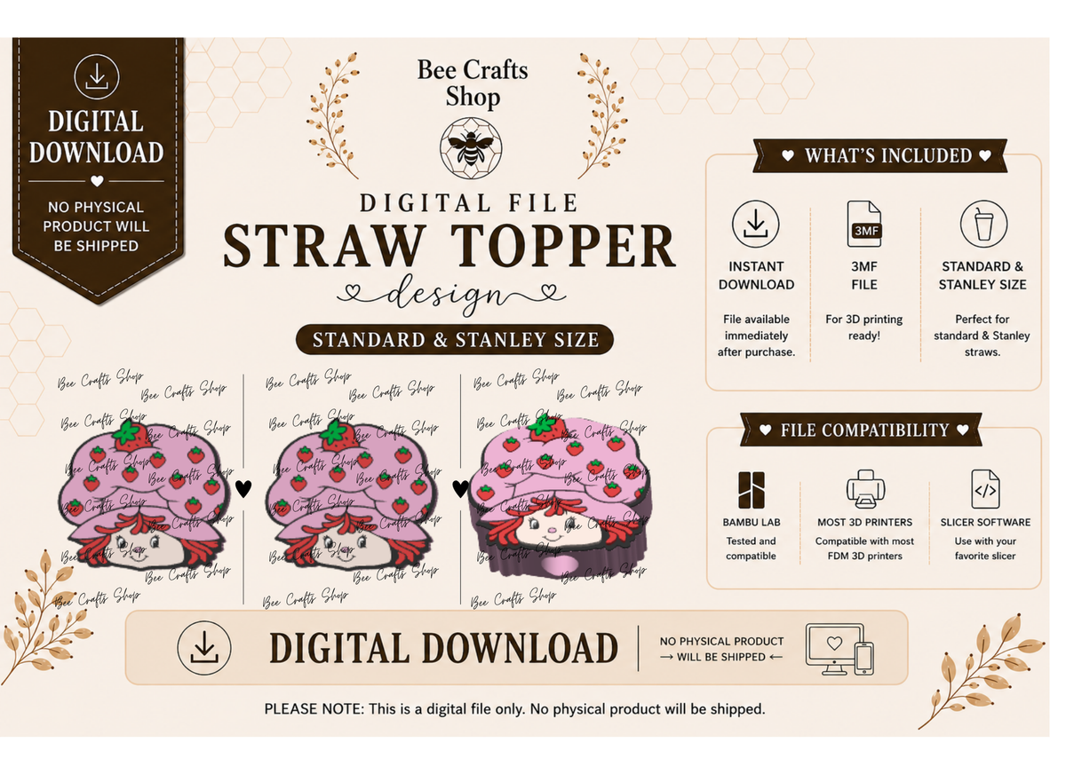 Strawberry Girl Straw Topper Digital Design 3MF